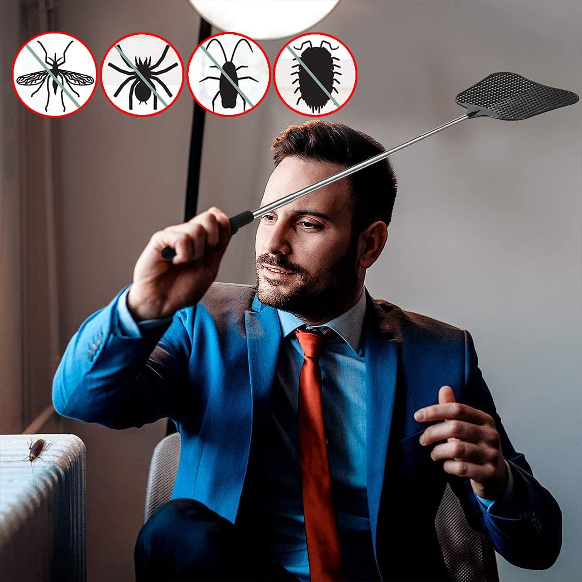 Extendable Fly Swatter, 3 Pcs Durable Heavy Duty Plastic Manual Swat Pest Swatter with Extendable Stainless Steel Handle for Office, Home, School, Swat Pest, Fly(Black, Red, Blue) image number 1