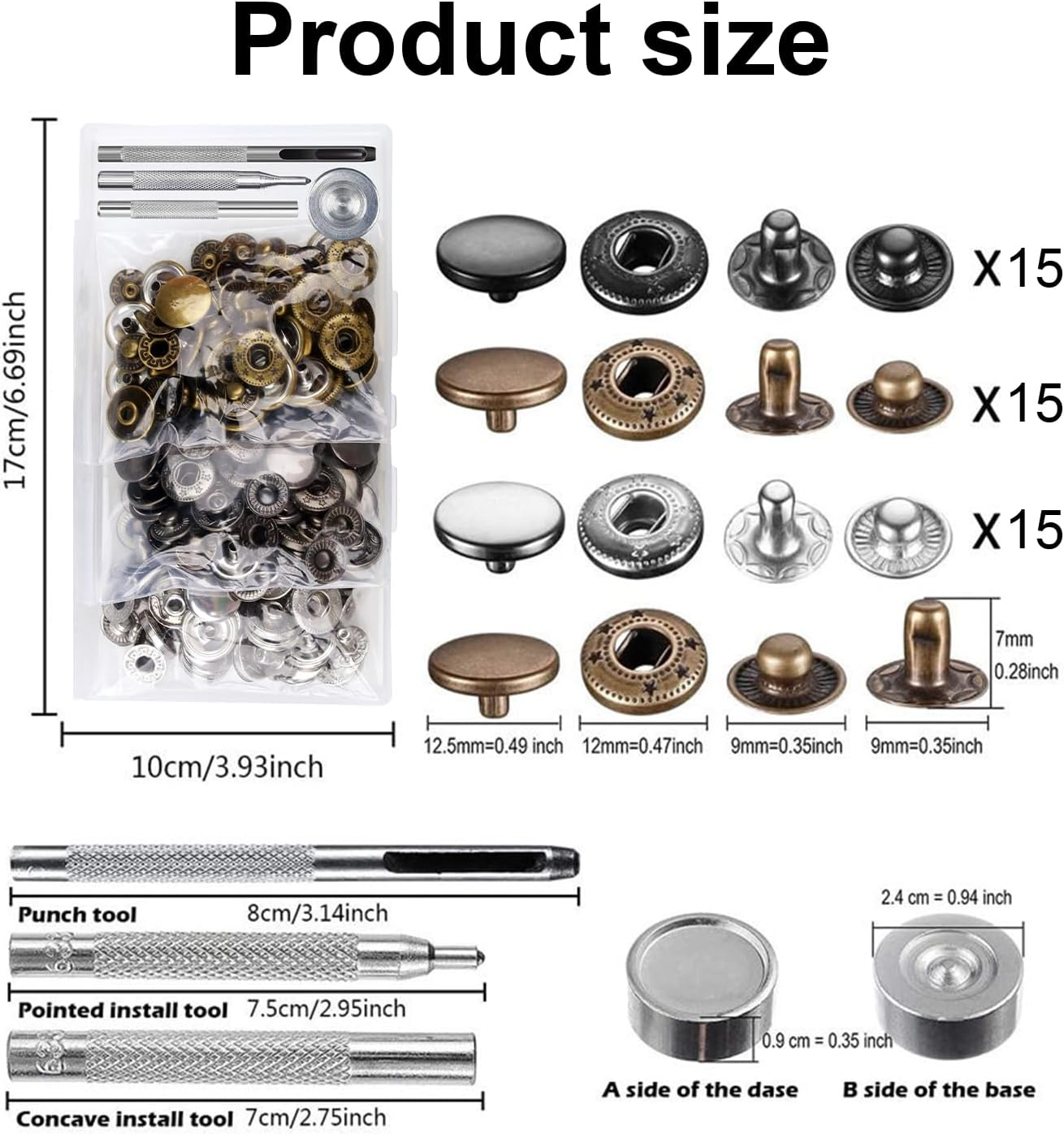 45 Sets Snap Fasteners Kit 15Mm Stainless Steel Metal Snap Fasteners Kit with 4 Install Tools 3 Color Leather Snaps for Thin Leather, Jacket, Jeans Wear, Bracelet, Bags，Diy Crafts image number 5