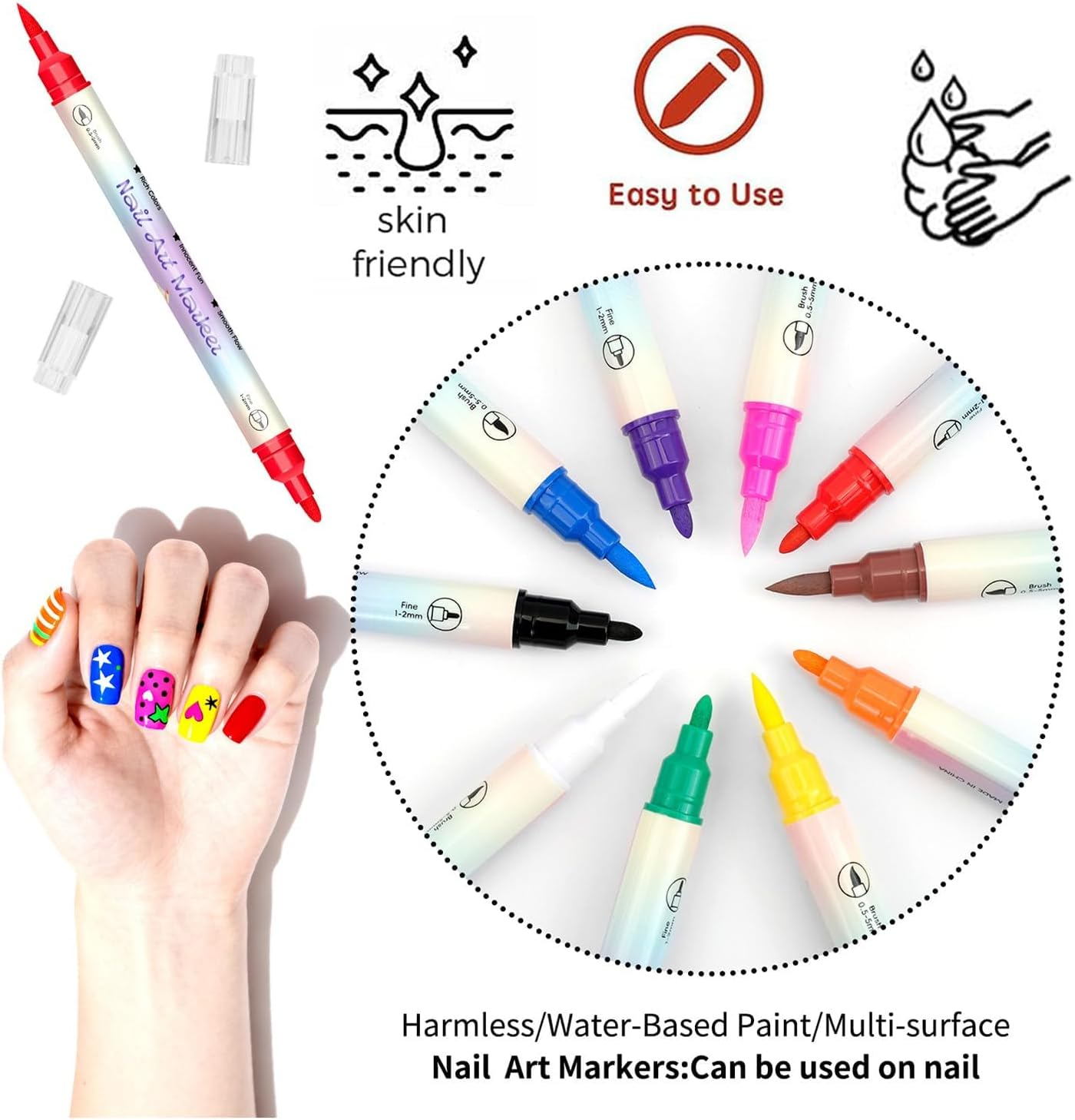 12 Colours Dual-Tip Nail Art Pens, No Shake Required Acrylic Paint Markers. 0.5Mm-5Mm Fine & Brush Tips for 3D DIY Manicure. Quick Dry, Waterproof Design Tools for Women & Beginners (No Clogging) image number 3