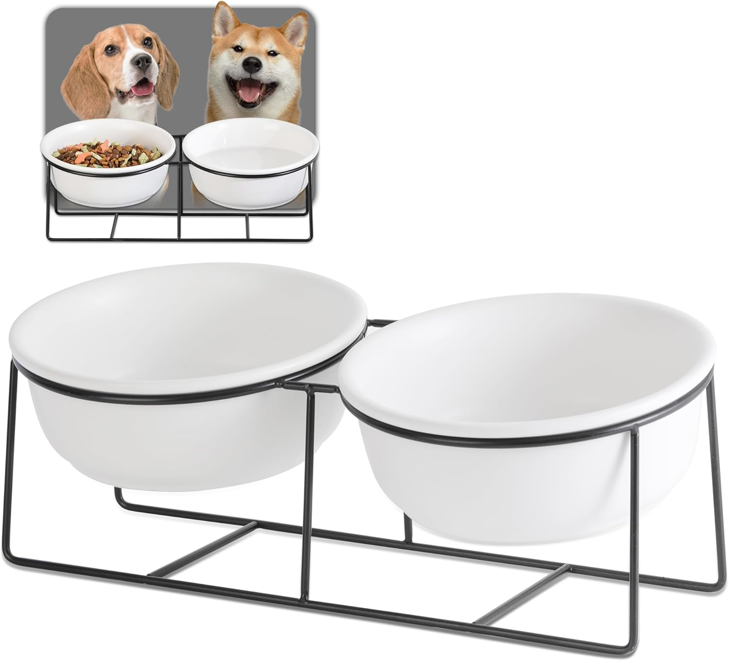 Raised Ceramic Dog Bowl with Metal Stand - Double Bowls for Food and Water - Feeding Bowl for Cats and Small to Medium Dogs - White