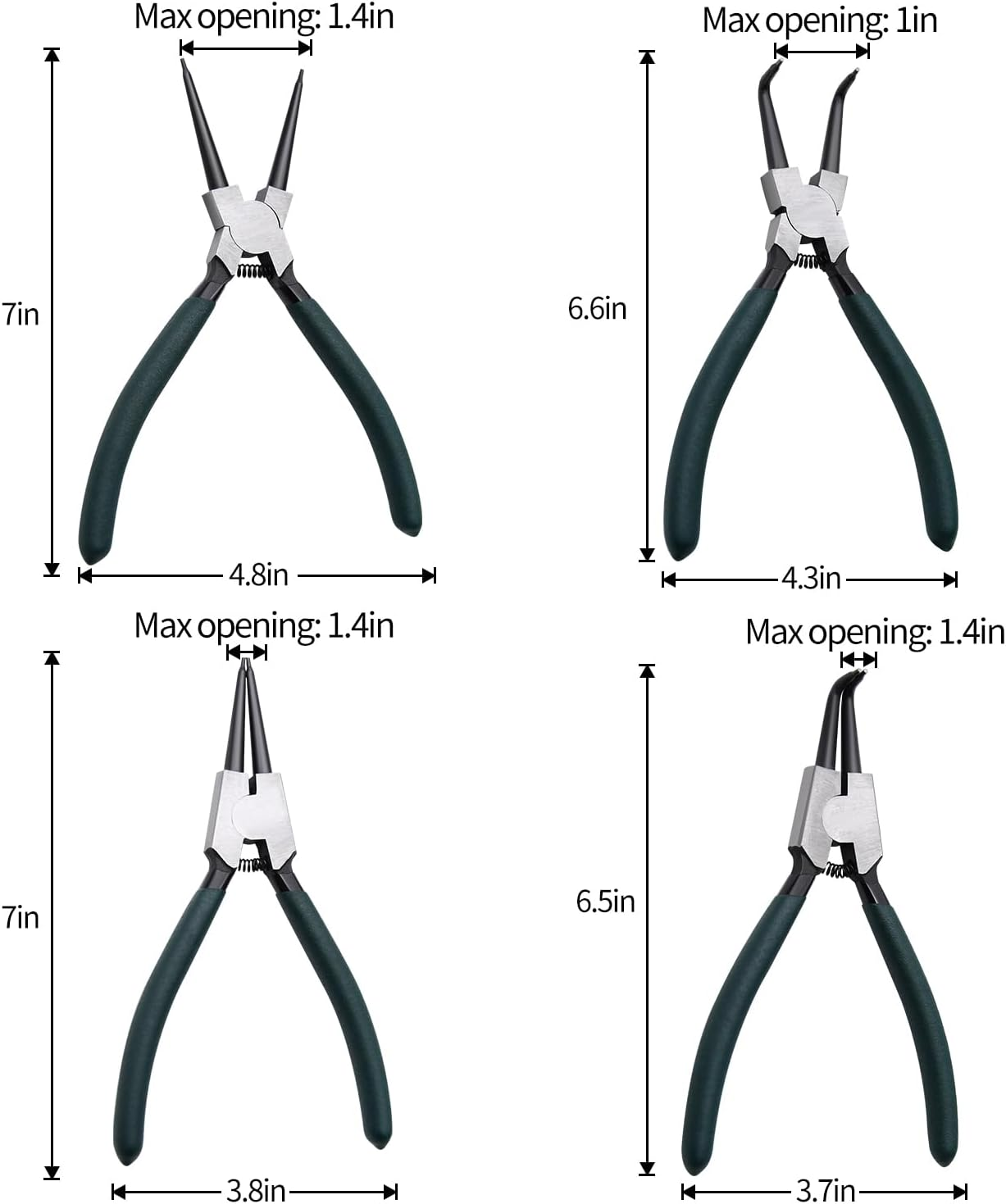 Snap Ring Pliers Set, 4Pcs 7" Internal/External Circlip Pliers Kit with Straight/Bent Jaw, Heavy Duty Precision Spring Loaded Pliers for Ring Remover Retaining and Remove Hoses, Gaskets image number 2