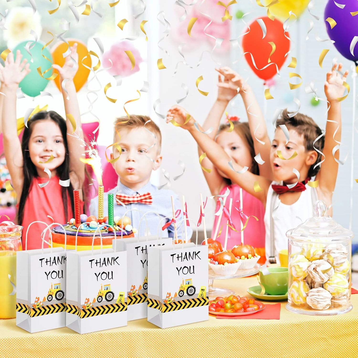 Outus 12 Pieces Construction Party Favors Bags Truck Themed Candy Goodie Bags for Birthday Themed Party Supplies Decorations, 8.3 X 6.3 X 3.1 Inches(White) image number 1