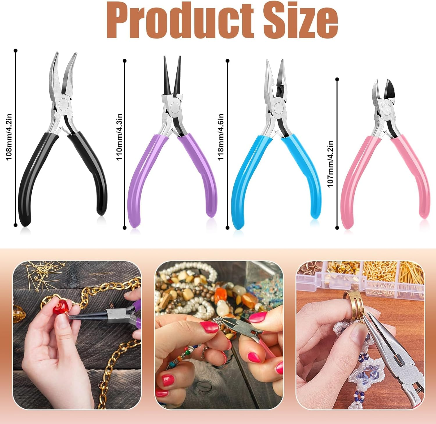 Jewelry Making Pliers Set - 4 Pcs Tools with Wire Cutters, round Nose, Chain Nose, Bent Nose - Mini Pliers for Jewelry Repair, Crafts, and Supplies image number 6