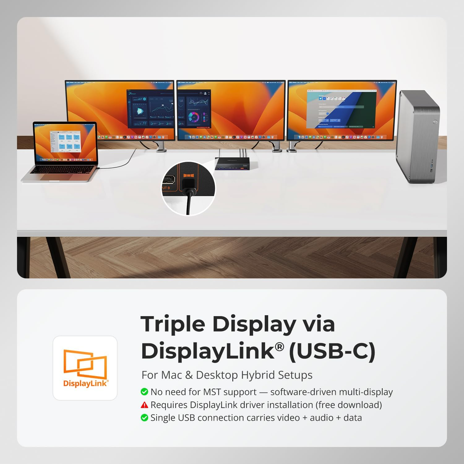 (With Displaylink) Tesmart 4K@60Hz KVM Switch 3 Monitors for 1 Macbook & 1 Desktop, MST&EDID Triple Monitor KVM W/100W USB-C PD, Gigabit LAN, USB 3.0, Button&Hotkey Switch, Include All Input Cables image number 4