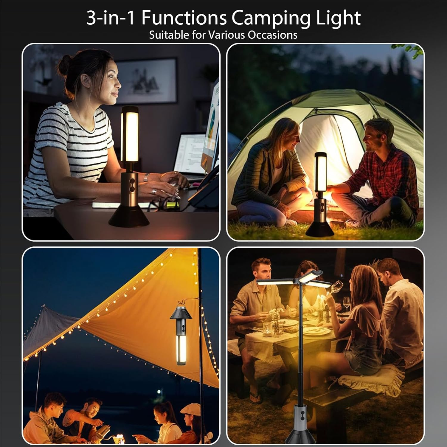 SWNEPOF Rechargeable Camping Lantern with 3000Mah Battery, Telescopic Triple LED Heads Flashlight, 5 Lighting Modes, IPX4 Waterproof Portable Collapsible Light for Camping, Hiking, Emergency Use image number 2