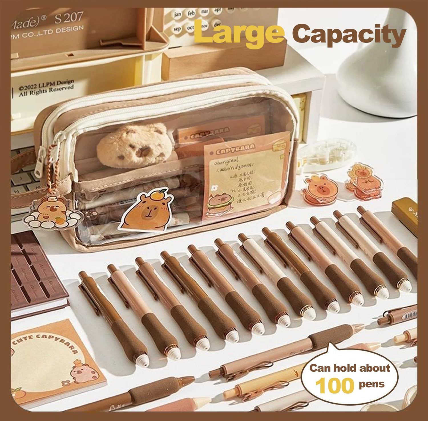 Pencil Case with Zipper,Cartoon Capybara 5 Layers Compartment Clear Pencil Case Pouch,With 4 Pens&4 Pcscartoon Accessories for Students College Office, Clear Makeup Cosmetics Bag for Adults image number 4