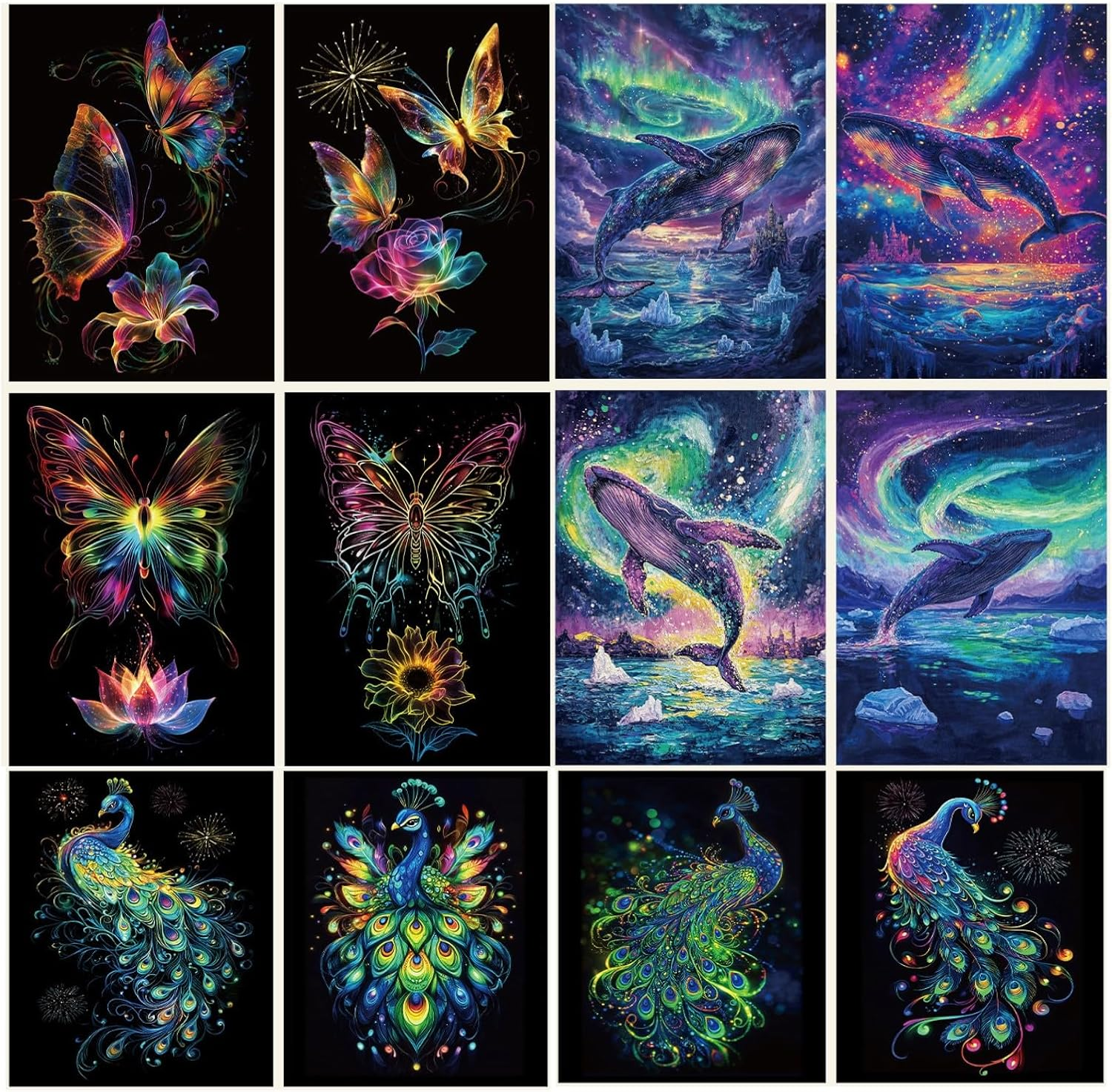 12 Pcs Glow in the Dark Scratch Art Rainbow Painting Paper with Pen, Rainbow Engraving Landscape Scratchboard(A4) for Adults, Fun Sketch Card Creative Craft (Ocean Butterfly Peacock) image number 3