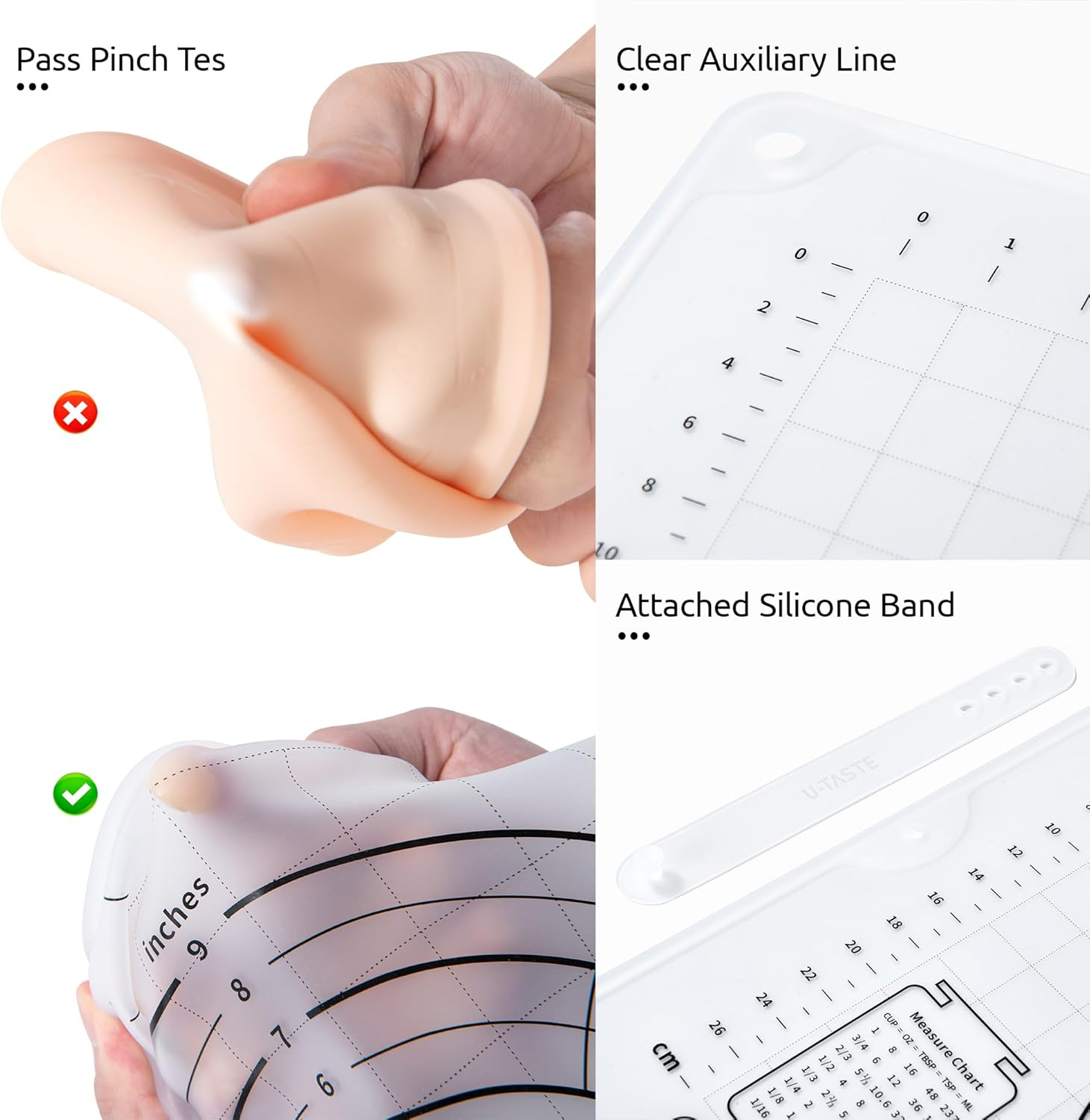 U-Taste Small Silicone Kneading Mat: 50X40Cm Food-Grade Non-Stick Dough Rolling Baking Mat, Non-Slip for Making Pastry Pizza, Fondant, Pie Crust with Clear Measurement and Raised Edges (Transparent) image number 3