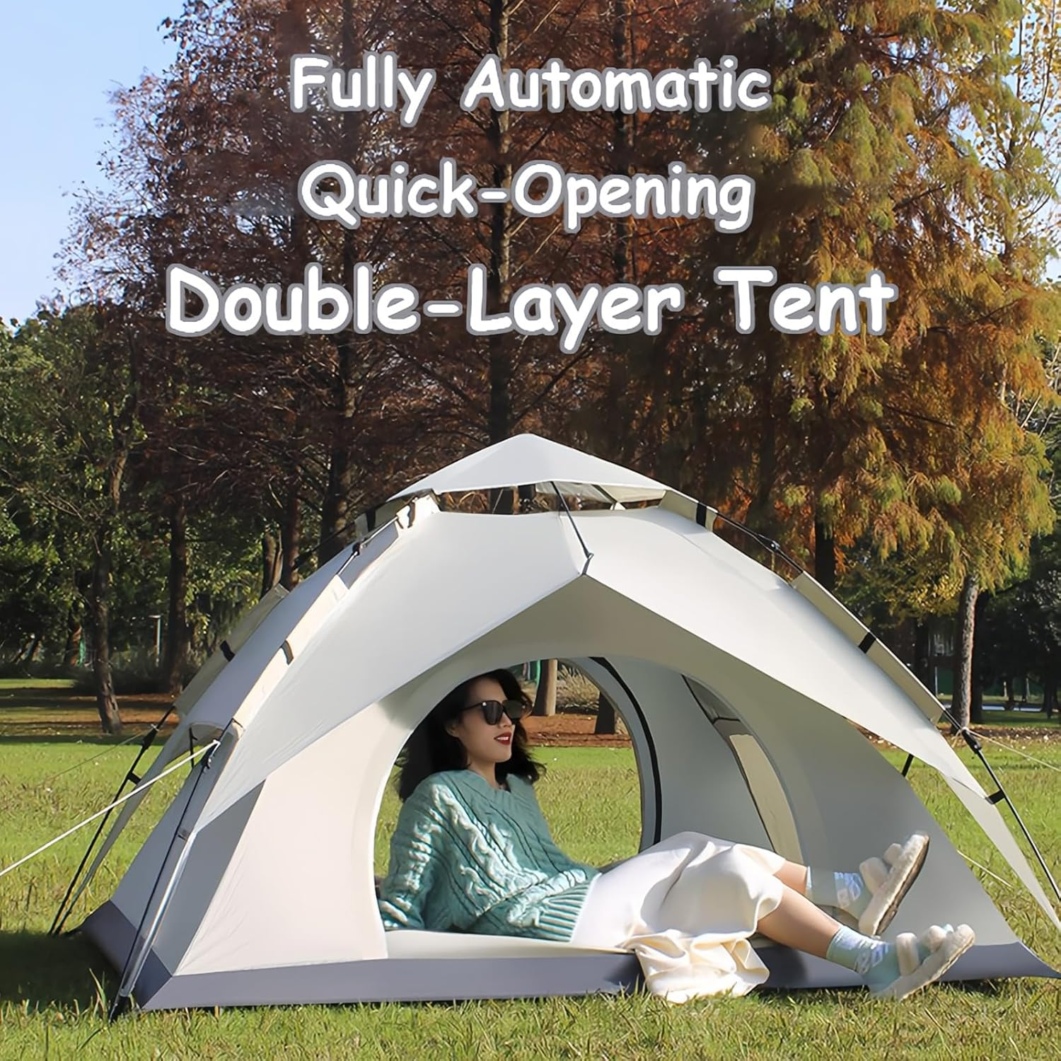 Camping Tent, 3-4 Person Pop up Tent, UV Protection, 2 Door Breathable Design, Portable Dome Tent for Family Camping, Hiking, and Beach Outings(Off White) image number 2