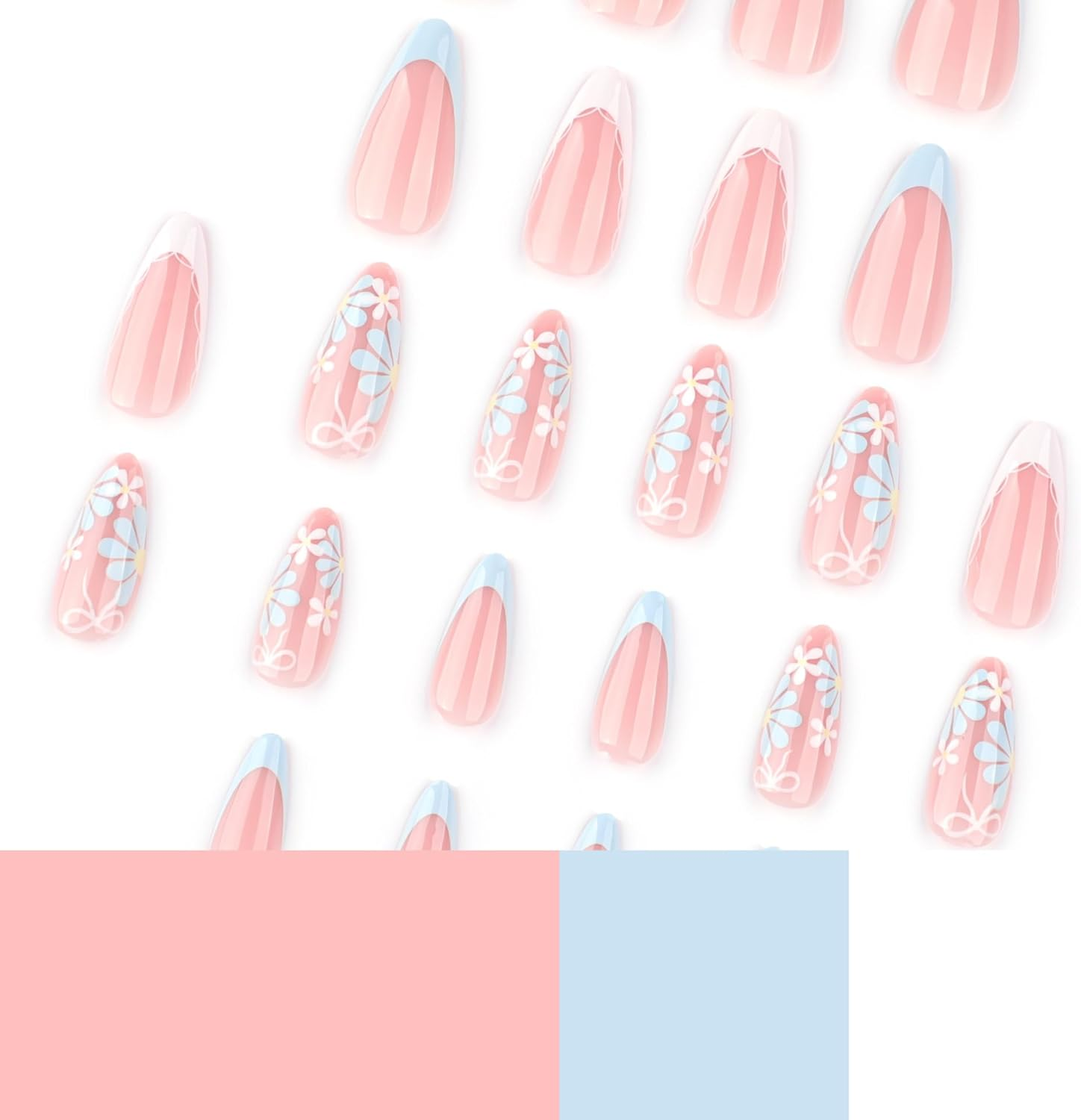 Mouyouglow Press on Nails Short, Almond White French Baby Blue Flowers Floral Bow Tie Fake Nails with Nail Glue, Blue Flowers Acrylic Sweet Summer INS Artificial Fingernails - Yf2 image number 6