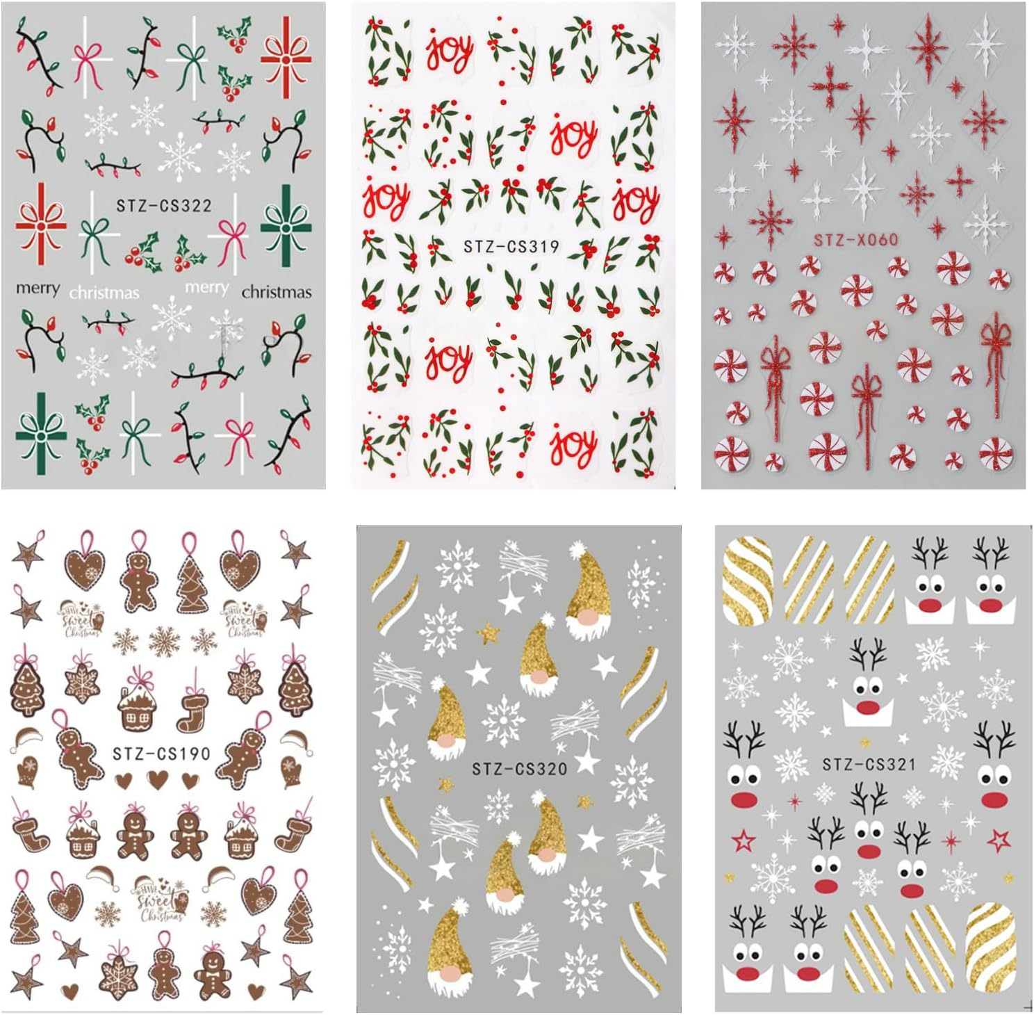 6 Sheets Christmas Design Nail Art Stickers 3D Self-Adhesive Designer Nail Decals Colorful Bow Reindeer Gingerbread Man Snowflake Nail Decoration DIY Manicure Tips for Women Girls (Merry Christmas) image number 1