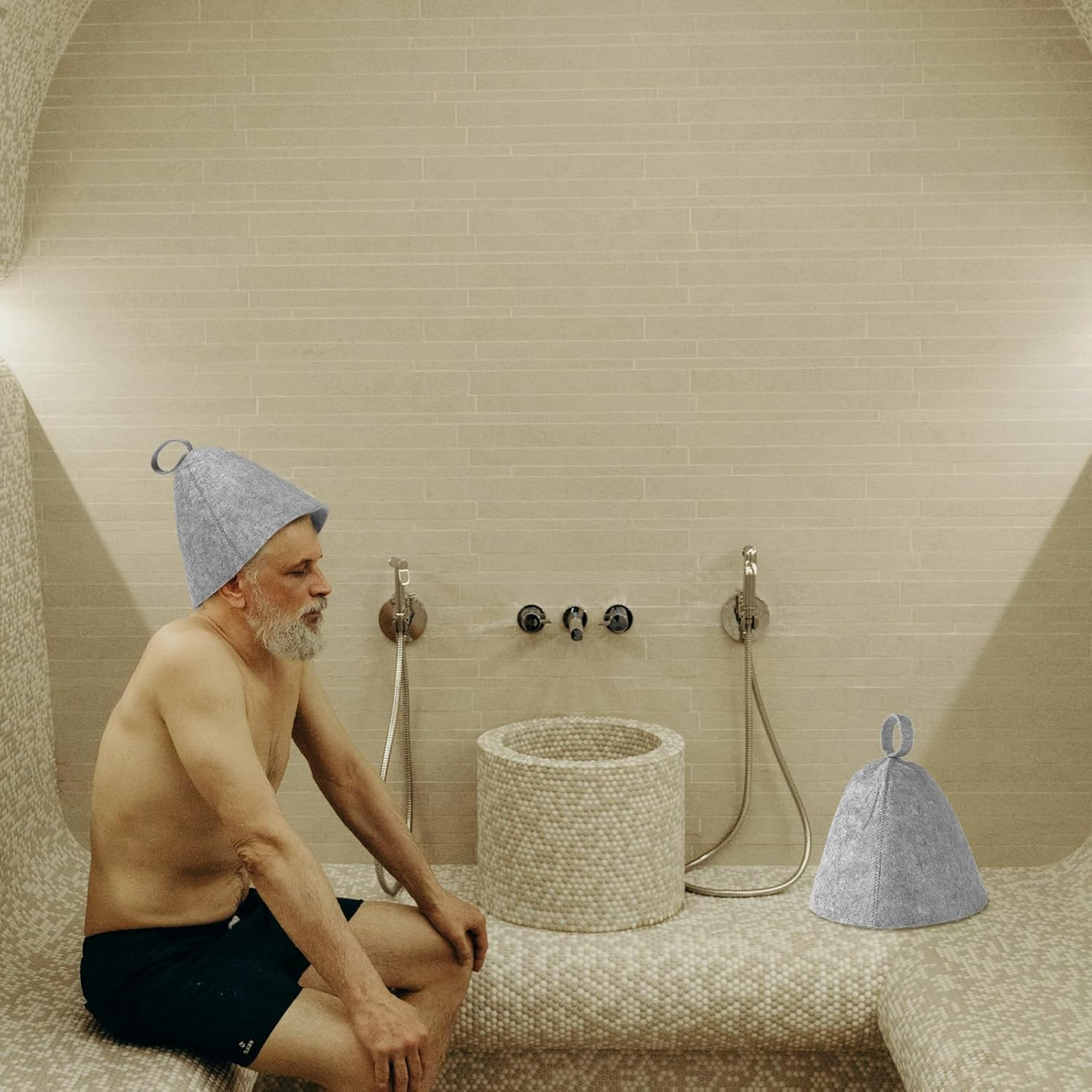 Lasuroa 2Pcs Sauna Hats, Felted Sauna Hat Banya Sauna Cap Steam Russian Sauna Cap Felt Sauna Hat Set Steam Bath Shower Sauna Accessories Universal for Women Men (Grey) image number 3