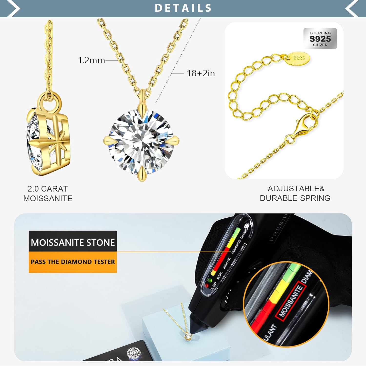 KRKCLIFE Diamond Pendant Necklace for Women, 0.5CT-4.0CT Moissanite Solitaire Necklace 14K Gold, Round-Cut Lab Grown Diamond, S925 D Color VVS1 Adjustable 18+2 Inches, for Mom Girls Wife image number 2