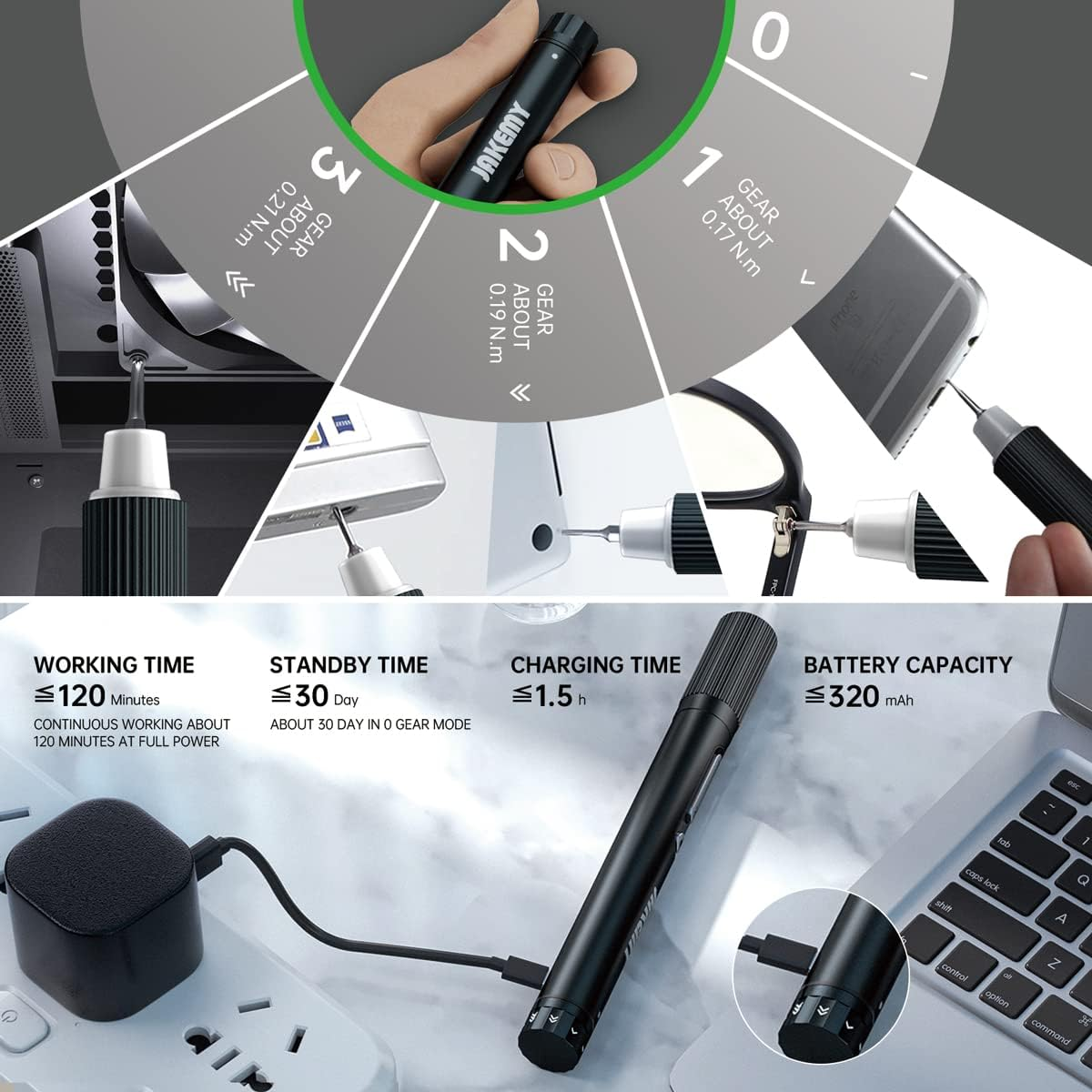 Gear Adjustable Mini Electric Screwdriver,Jakemy Laptop Screwdriver Repair Tool Kit Cordless Torque Power with Light Manual&Automatic Rechargeable for Phone,Consoles,Toys,Ect, (JM-E21A)
