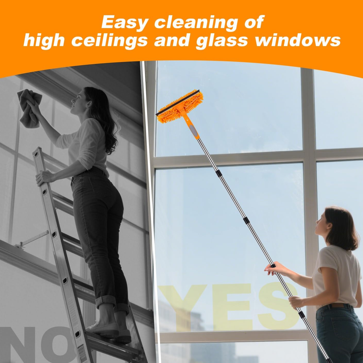 13Ft Extendable Window Cleaner, 2-In-1 Window Cleaning Equipment, Telescopic Long Window Cleaning Tool for High Windows Car Glass, with 2 Orange Microfiber Cloth & Squeegee Blade image number 1