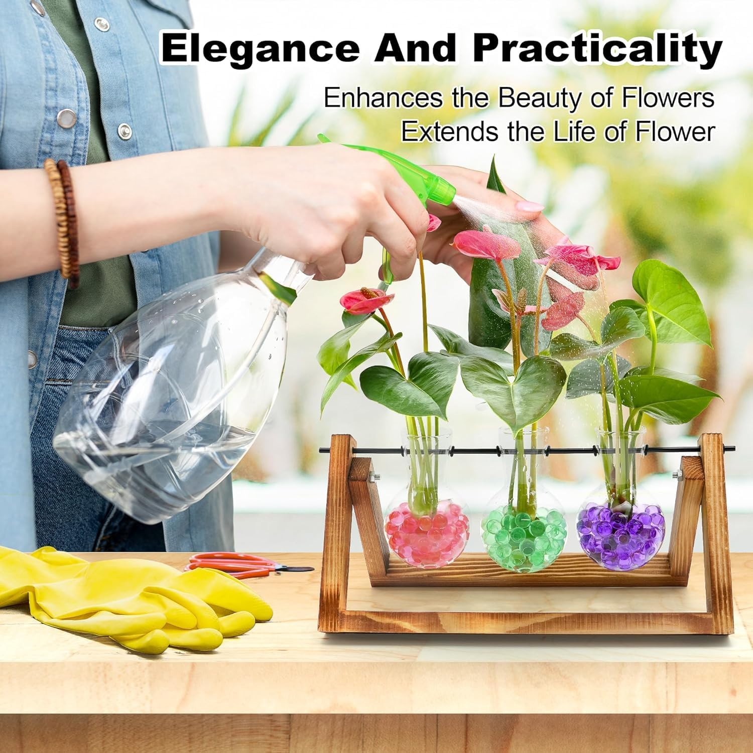 Plant Terrarium with Wooden Stand, 3 Bulb Vase Air Planter Bulb Glass Vase Metal Swivel Holder Retro Tabletop for Hydroponics Home Garden Office Decoration image number 5