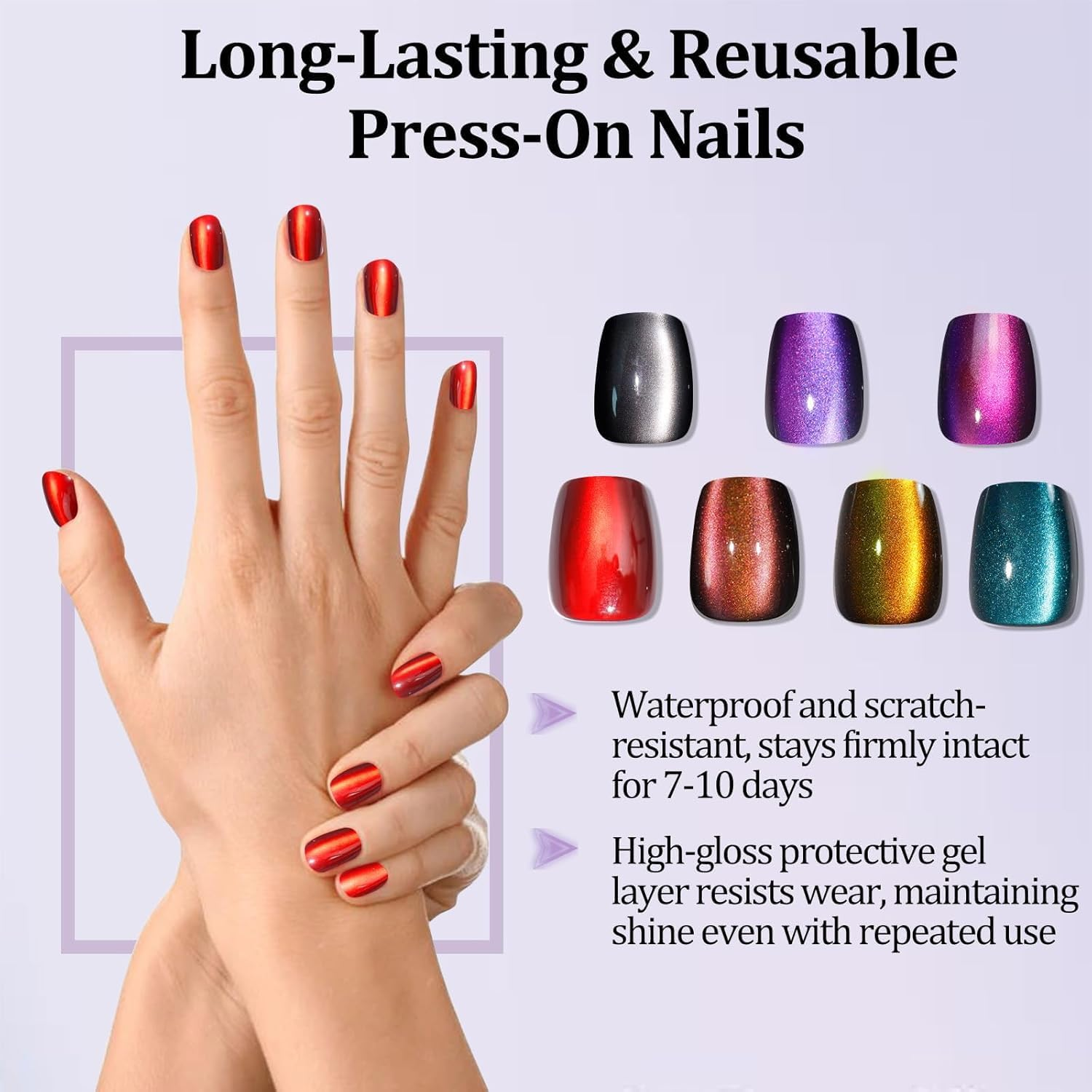 Press on Nails Art Kit, 210Pcs Cat Eye Press on False Nails for Women 7 Colors Short Square Reusable Nail Tip Stick in 15 Sizes Long Lasting Salon Fake Nails Stick on Artificial Acrylic False Nail Tips &mdash; Chameleon Series image number 4