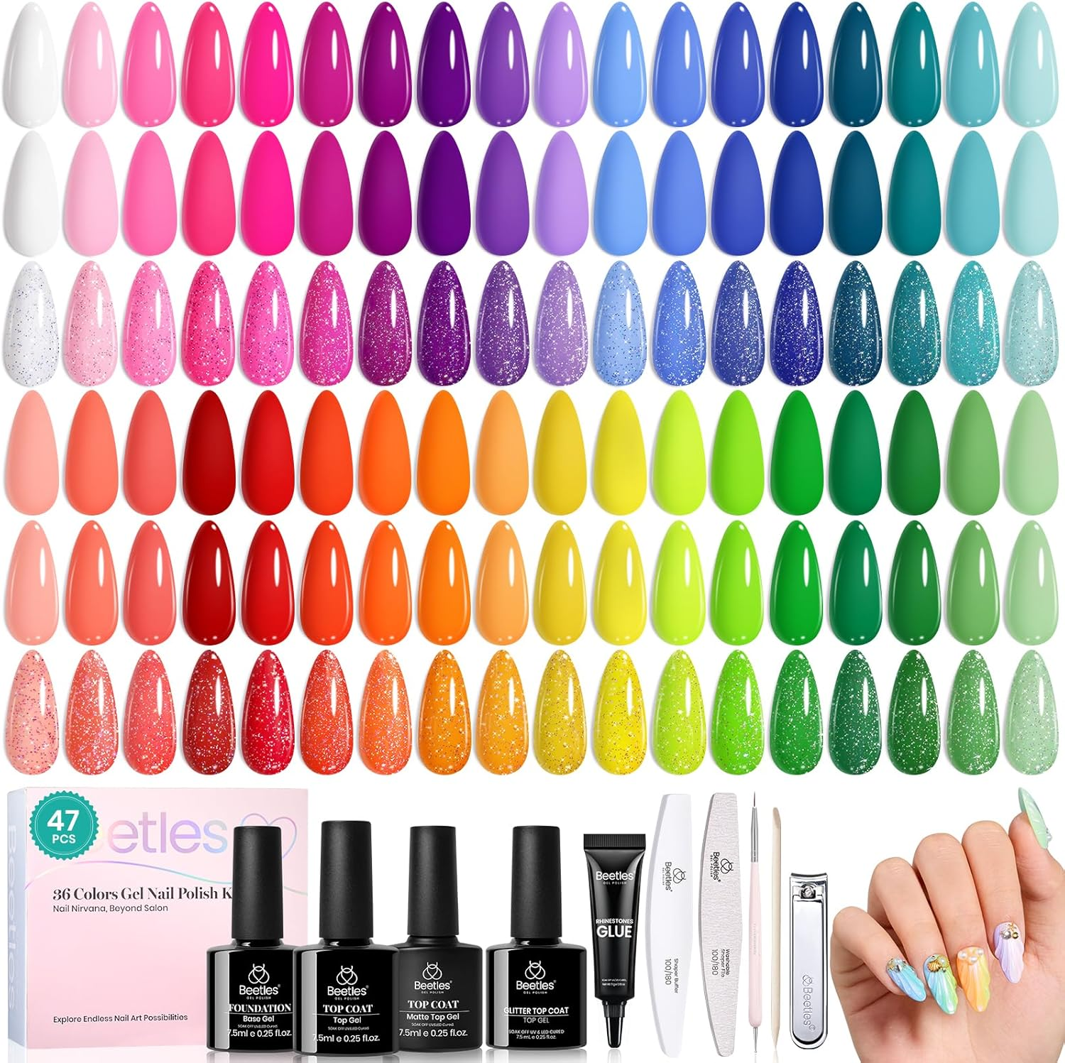 Beetles Gel Polish Summer Nail Polish Set - 36 Colors Neon Pink Red Green Blue Yellow with 4 Pieces Base and Top Coat, Colorful Holiday Collection, UV Art, Gifts for Women image number 3
