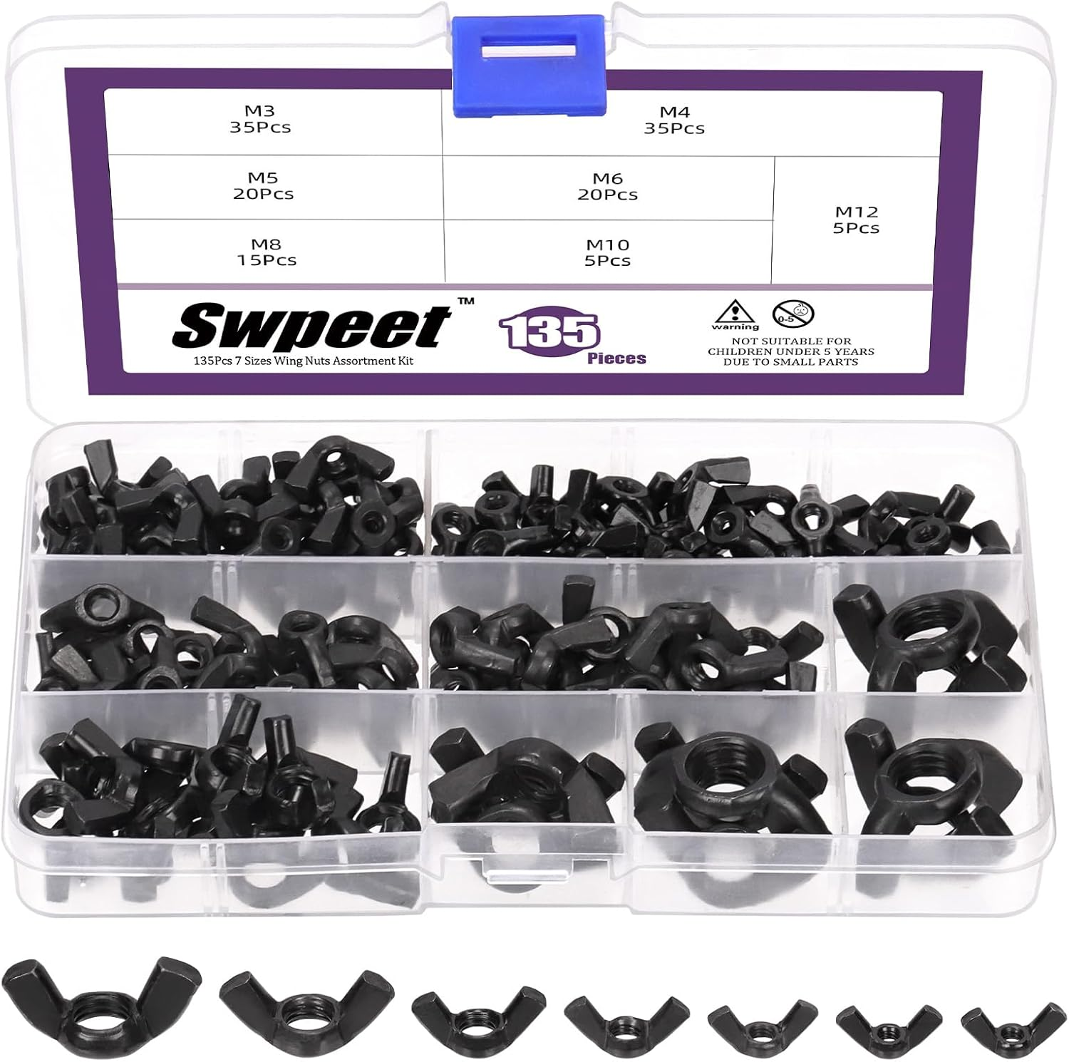Swpeet 135Pcs Black High Strength Carbon Steel Serrated Metric Wing Nuts Butterfly Nuts Hex Dome Cap Assortment Kit, 7 Sizes - M3 M4 M5 M6 M8 M10 M12