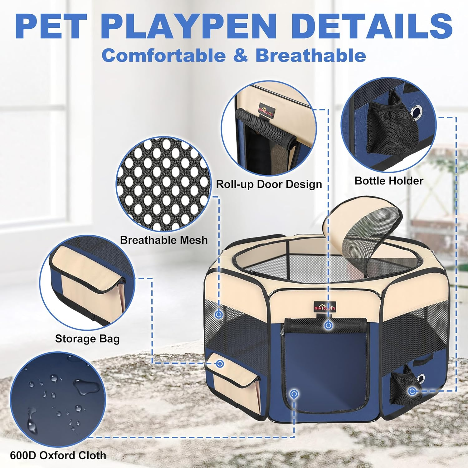 Dog Playpen, Cat Playpen - Foldable Pet Playpen with Carrying Case, Portable Pet Tent for Indoor/Outdoor Use | Water Resistant | Removable Shade Cover - (Blue, Small)