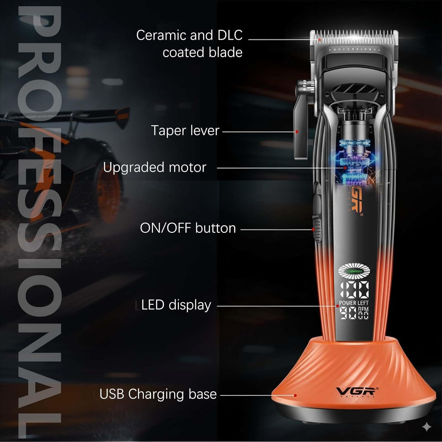VGR 889C Professional Hair Clippers for Men, 9000RPM Cordless Barber Clippers with Ceramic & MIM Blades, 6 Magnetic Guide Combs, LED Display, USB Charging Base, Mens Grooming Kits for Barber image number 2