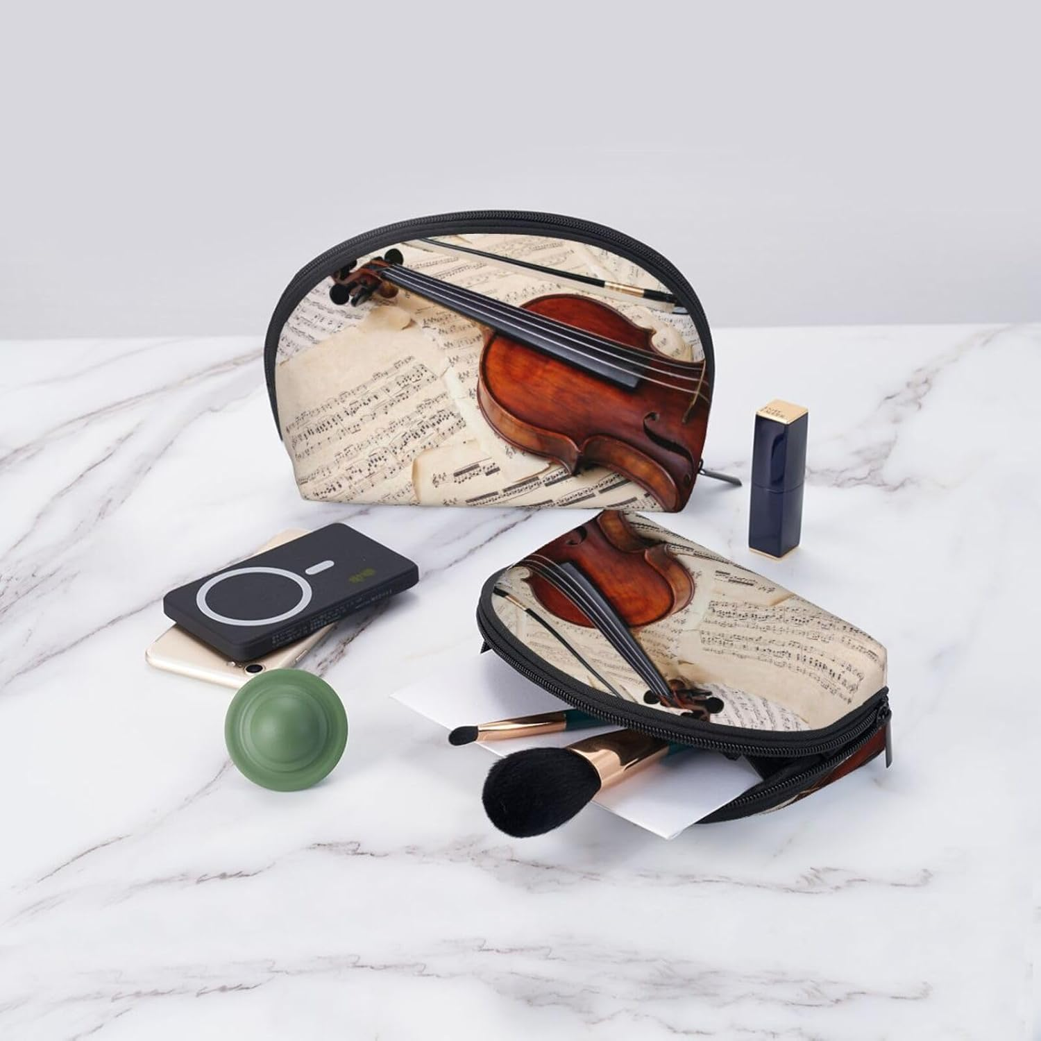 Cozimangoe Coin Pouch Makeup Bags Set, 2 Piece Shell Shape Cosmetic Bag with Pockets for Daily Travel Handbag Lipstick Keys Toiletry, Personalized Violin image number 3