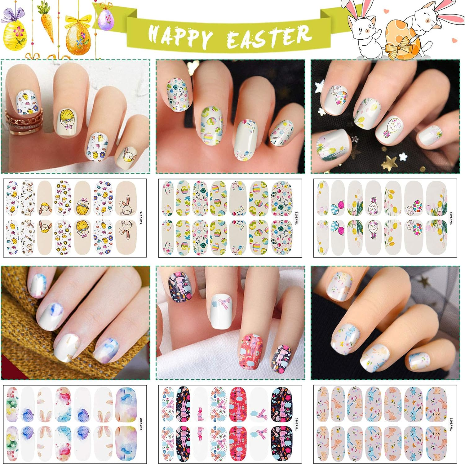 Easter Full Wraps Nail Art Stickers, Kalolary 12 Sheet Easter Self-Adhesive DIY Nail Art Decals Strips Eggs Rabbits Adhesive Nail Decals Manicure Set with Nail File for Women Girls image number 3