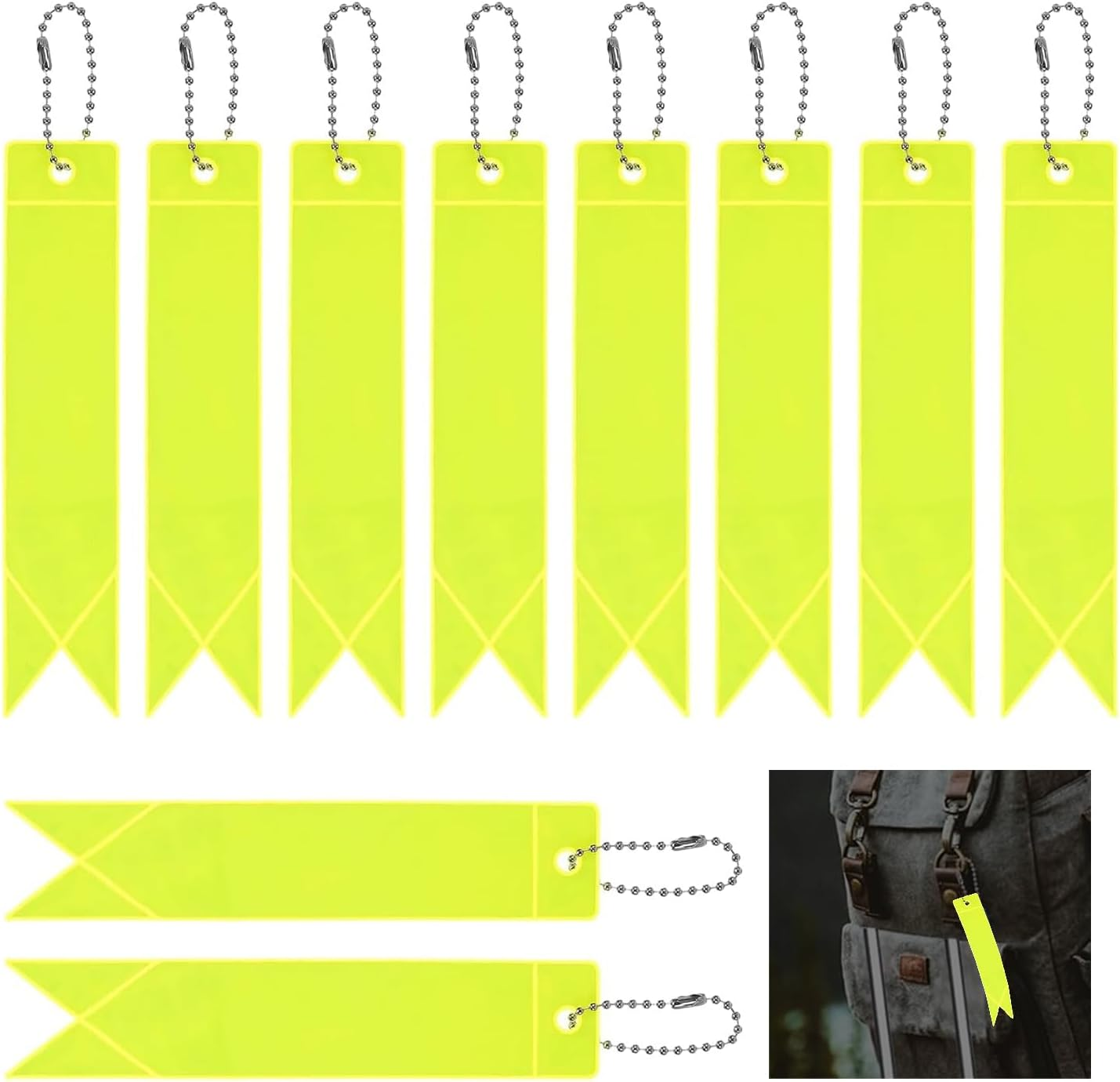 Reflective Tags, Reflector Tag Pendant, 10 Reflective Backpack Pendant, Waterproof Reflector Highly Visible Night Walking Safety Gear Bag (Fluorescent Yellowish Yellow)