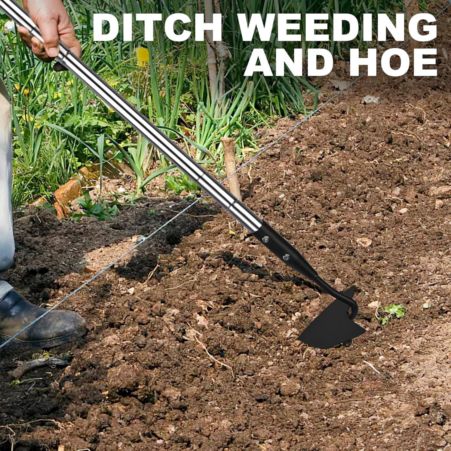 Warren Hoe, Carbon Steel Triangle Garden Hoe with Stainless Steel 57" Adjustable Long Handle, Heavy Duty Gardening Hand Tools Hoe for Ridging Weeding Digging Loosening Edging Soil, Balck