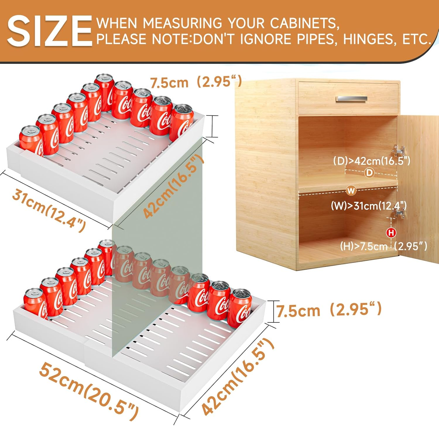 2 Pack Pull Out Drawers for Cabinets,Expandable(31 to 52Cm W) Pull Out Cabinet Organizer with Adhesive Film,Pull-Out Shelf for Kitchen Cabinet,Pantry, Bathroom Storage-42Cm Deep