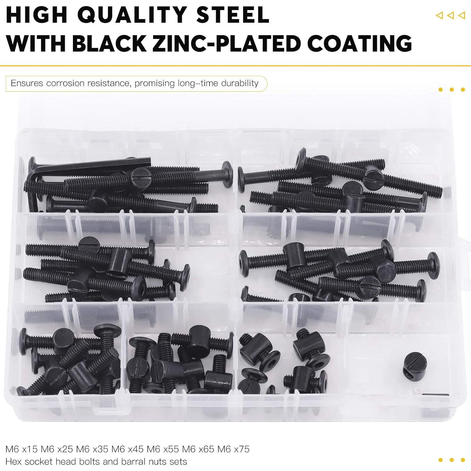 140Pcs M6 Crib Screws Hardware Replacement Kit Black Hex Socket Cap Bolts Crib Bolts and Barrel Nuts Cross Dowel Assortment Kit M6X15/25/35/45/55/65/75Mm for Furniture image number 4