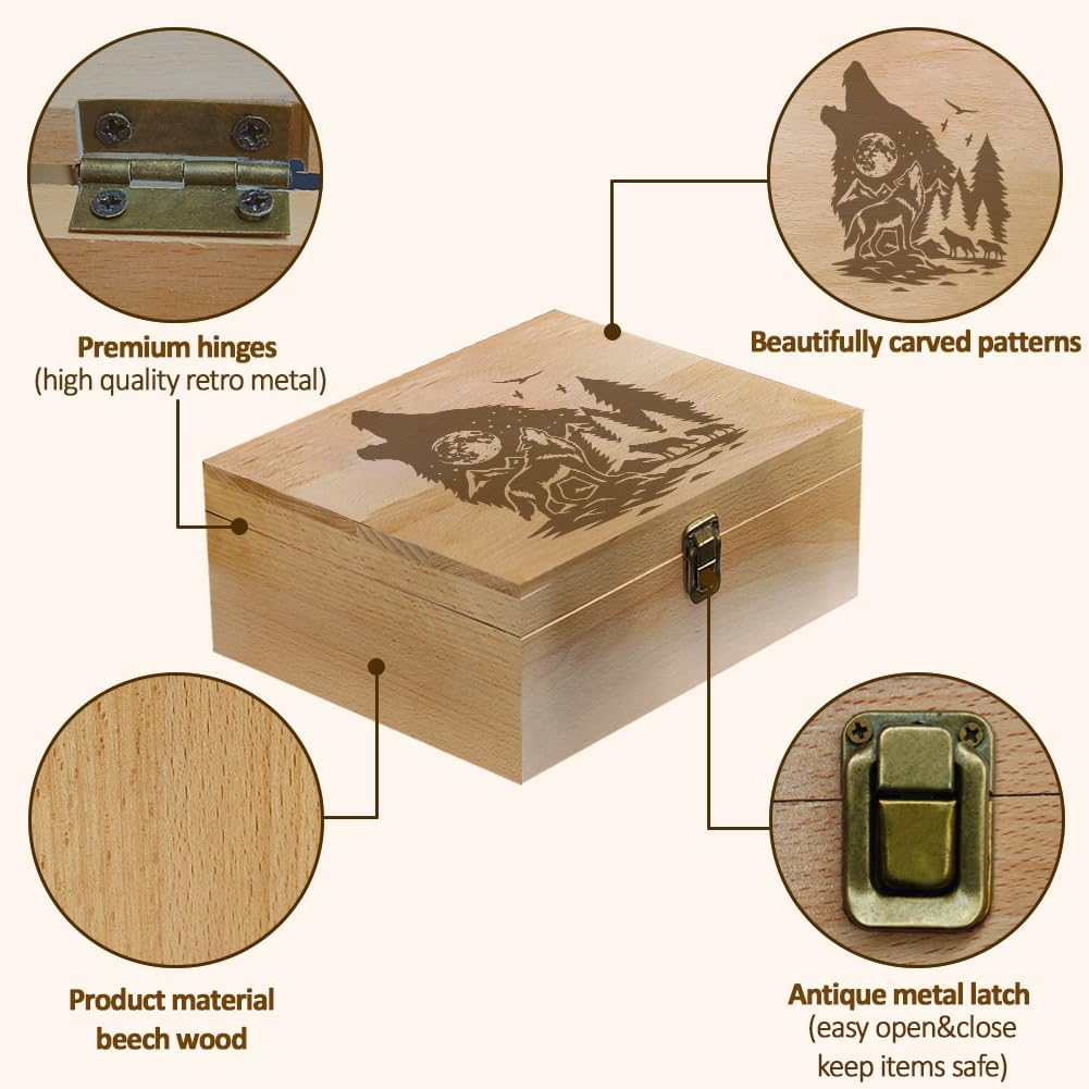 Arricraft 1 Pc Wooden Memory Keepsake Box, Wolf Howling Moon Pine Forest Flying Birds Pattern Storage Decorative Memory Wooden Box with Hinge Lids for Photos Dvds Letters Holding 24.5X19.5X10.3Cm