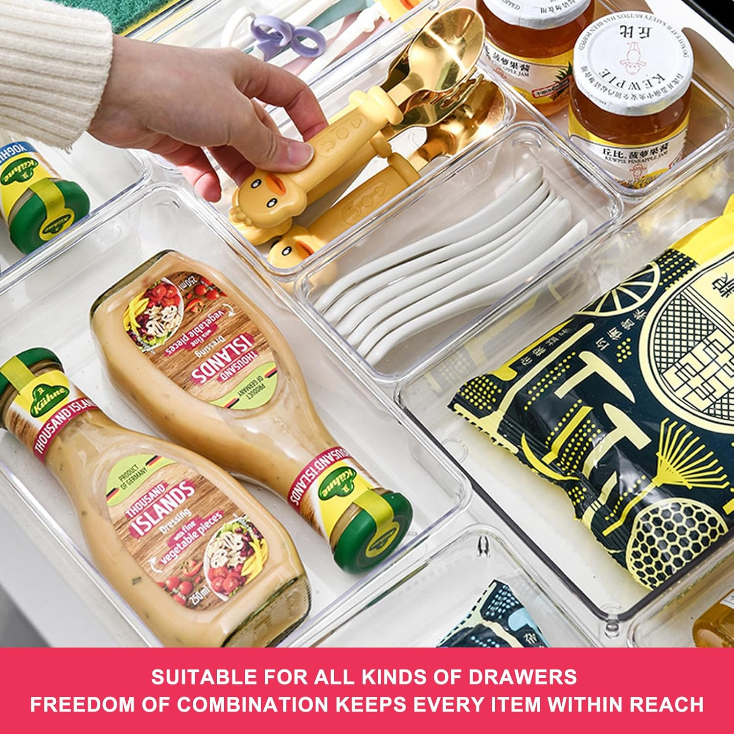 Clear Plastic Drawer Organizers Set, 4-Size Versatile Bathroom and Vanity Organizer Trays, Non-Slip Storage Containers for Makeup, Jewelries, Bedroom, Kitchen Utensils and Office（37Pcs）