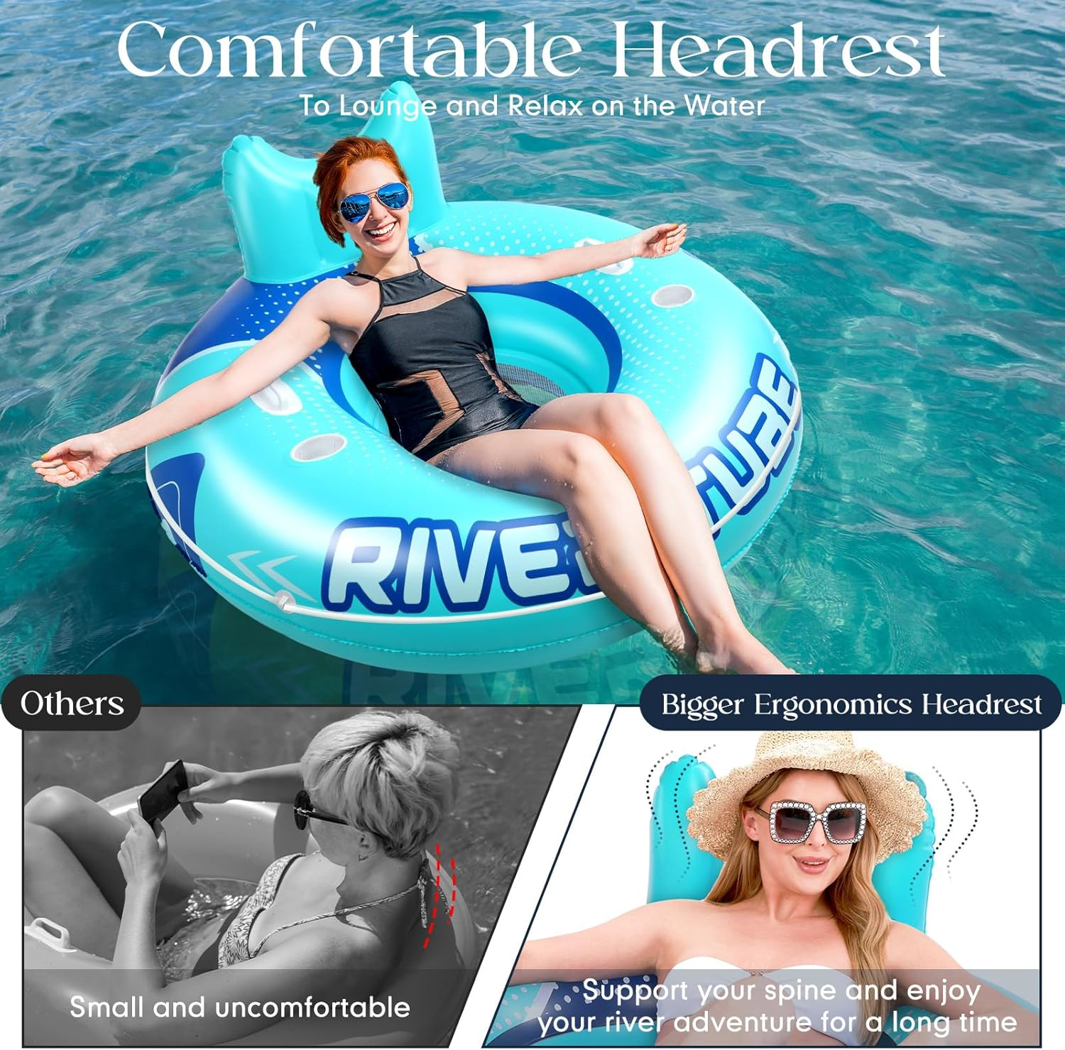 53" Heavy Duty River Tube Float Inflatable Pool Floating Tube for Adult Large River Raft Water Chair Lounger with Mesh Bottom Backrest 2 Cup Holders and Handles,Holds 300Lb image number 3