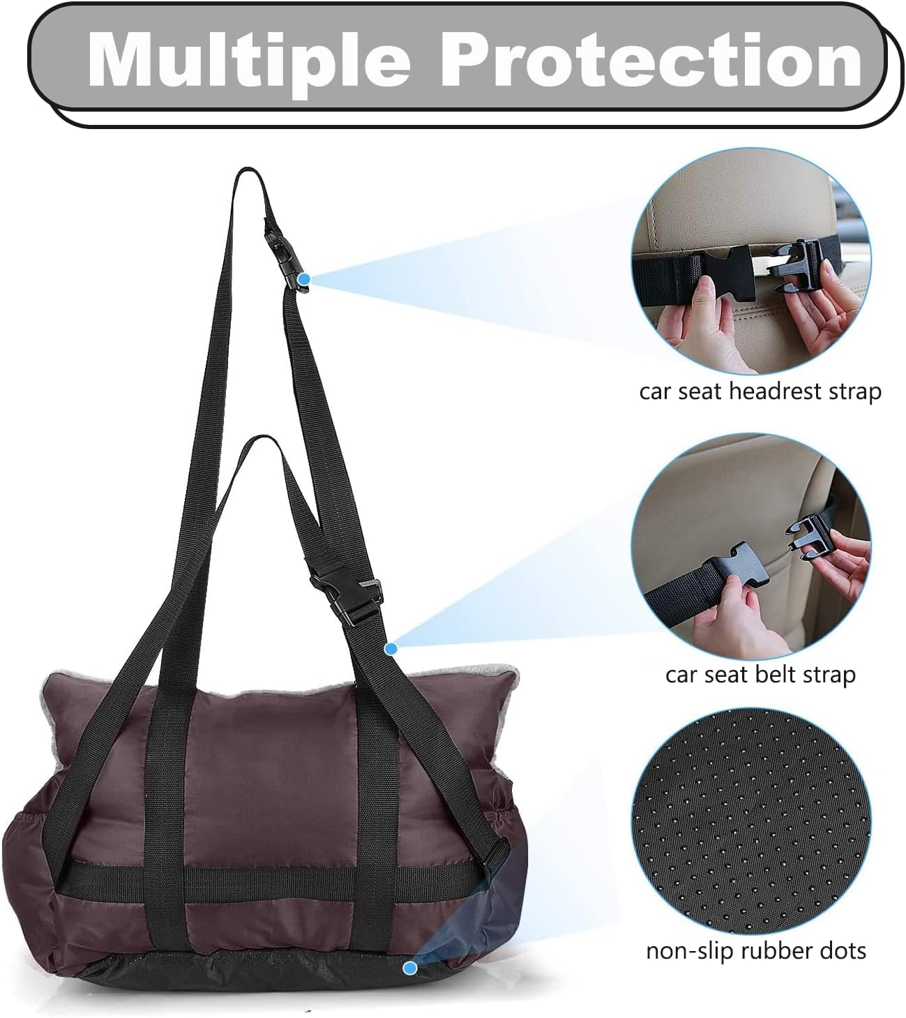 Utotol Dog Car Seat with Safety Belt, Washable Booster for Small Dogs, Anti-Slip Travel Bed for Front or Back Seat, Adjustable Buckle, Storage Pockets image number 3