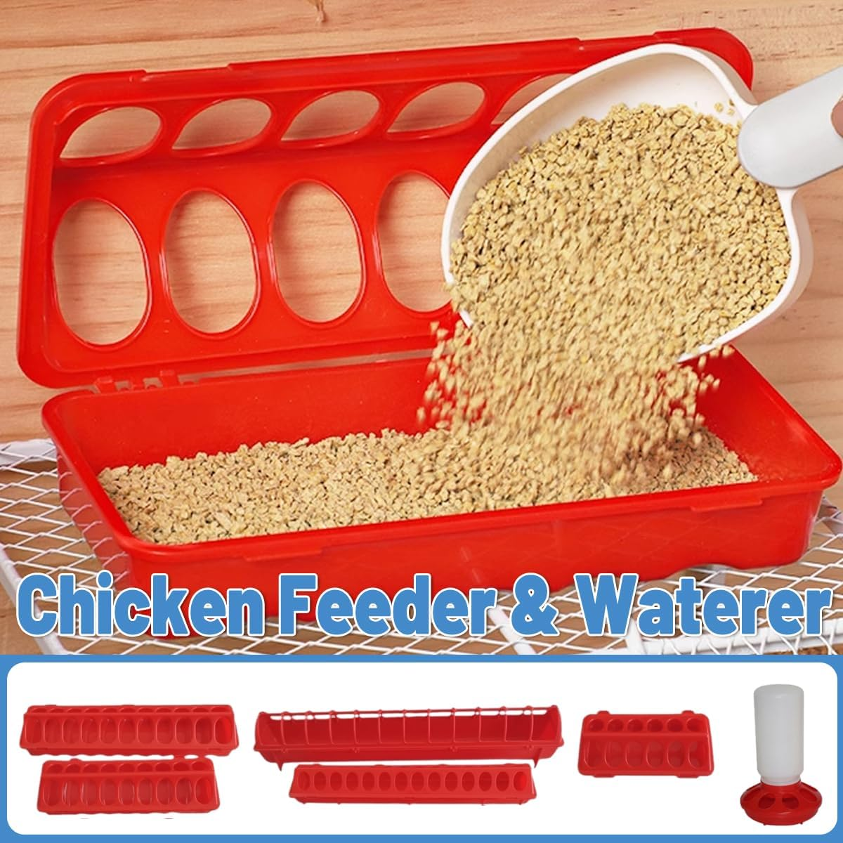 AIMALL Connectable Chicken Feed Trough Set with Waterer 8.07-26.77In Plastic Mesh Poultry Feeder for Coop Hens Chicks Quail Birds Easy to Clean and Refill image number 6