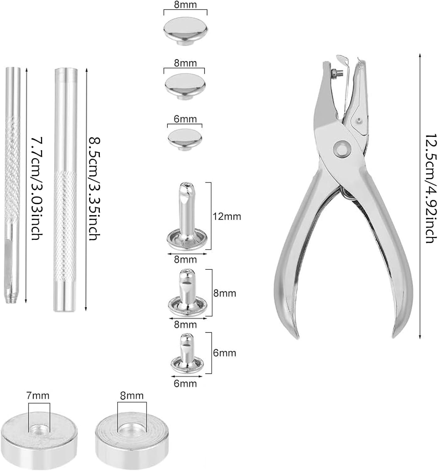 240 Sets of Leather Rivets with Punch Pliers and Fixing Tools,Leather Rivets Double Cap Rivets Tubular Metal Rivets Leather Rivets Bag,Clothing,Shoes,Leather Craft (4 Colors and 3 Sizes) image number 5