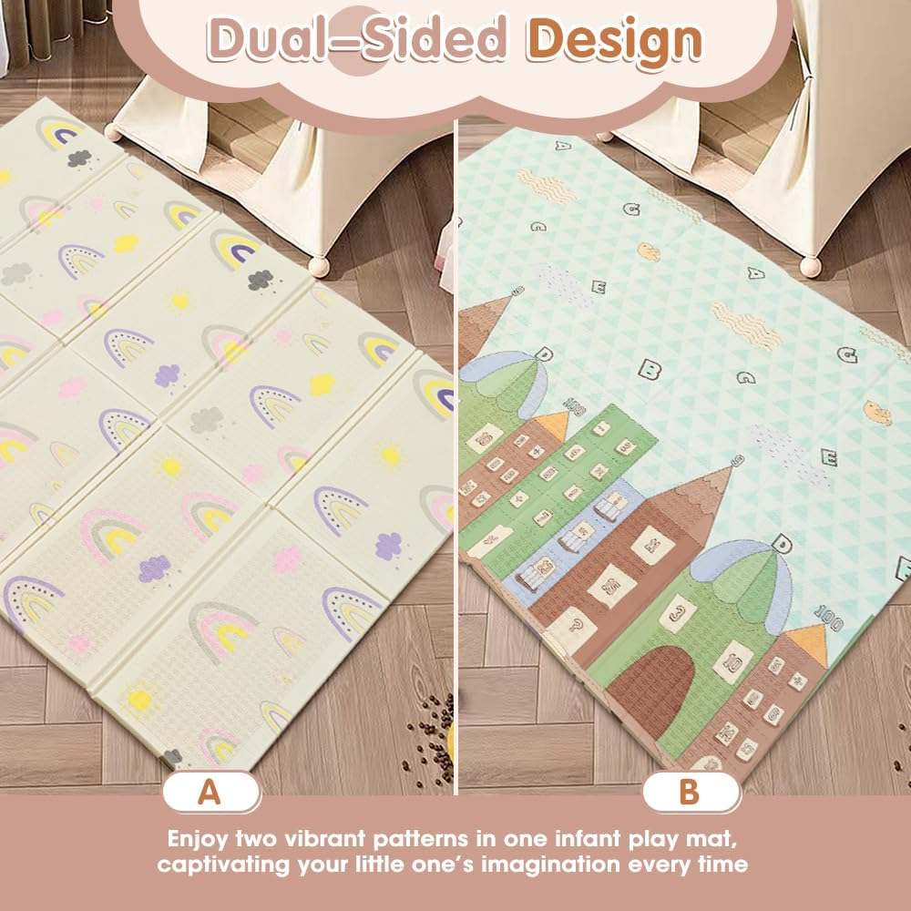 Playpals 200&times;180CM Foldable Baby Play Mat, Double-Sided Waterproof Playmat for Babies, Toddlers & Infants, Reversible Baby Mat with Travel Bag, Indoor and Outdoor Use, Rainbow+Tall Buildings - Rainbow Stripes image number 3
