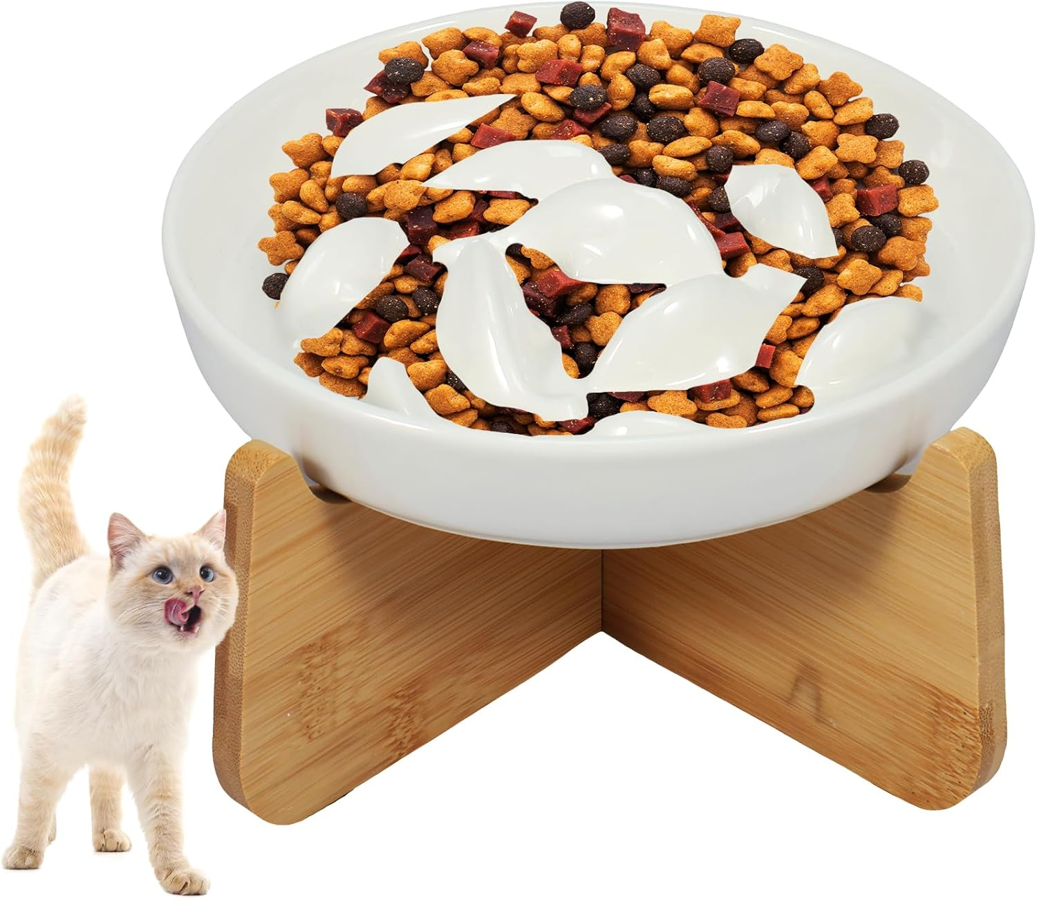 Raised Ceramic Slow Feeder Cat Bowl with Wood Stand, 6.4&times;1.14In Elevated Feeding Bowl Anti-Vomiting Non-Slip Slow Eating Dish for Cats (White)