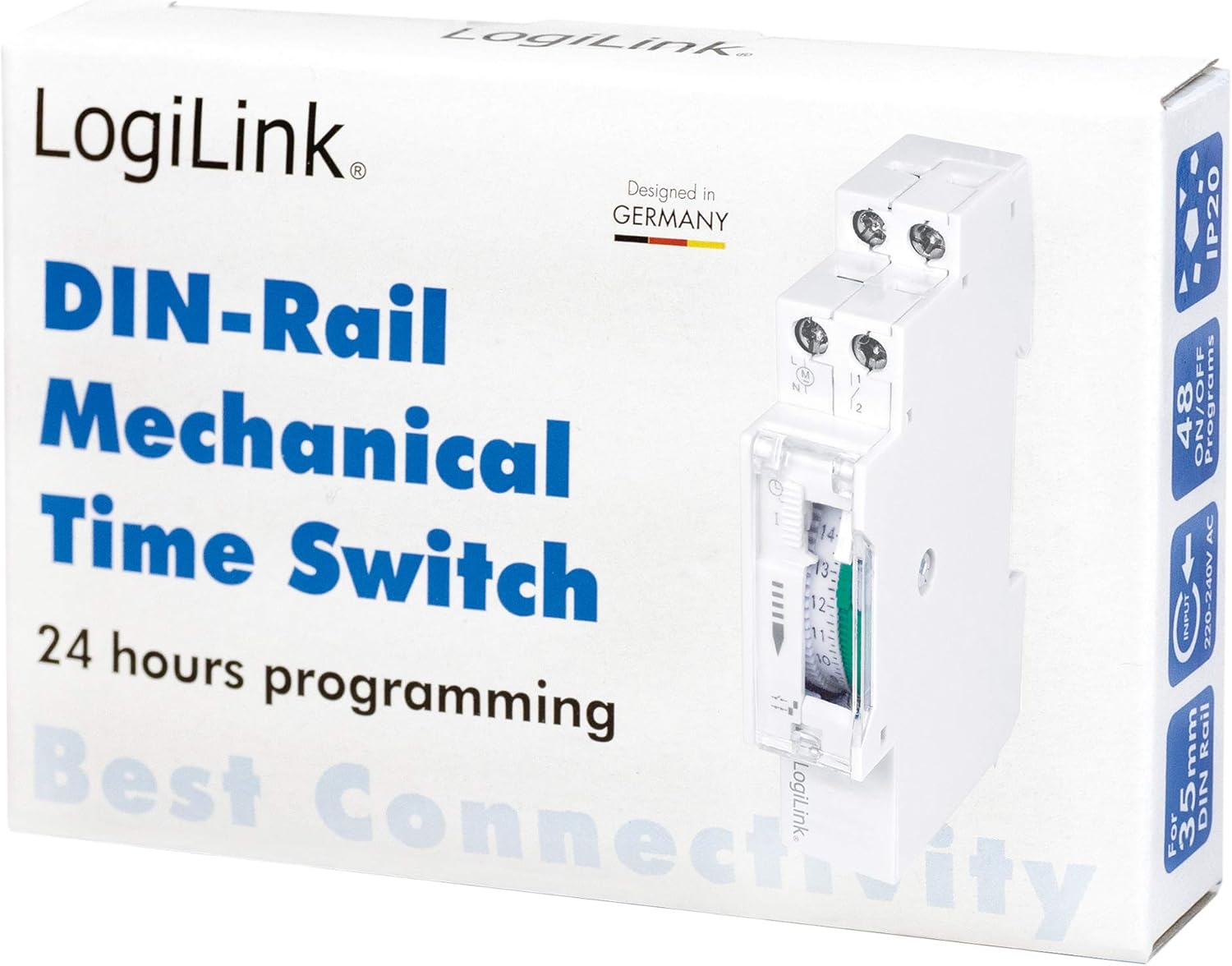 Logilink ET0009 Din-Rail Mechanical Timer for Easy Switching of E.G. Neon Lights, Water Heaters, Lanterns, Irrigation Systems, Etc, IP20 Protection, Multi-Coloured, 138Mm image number 1