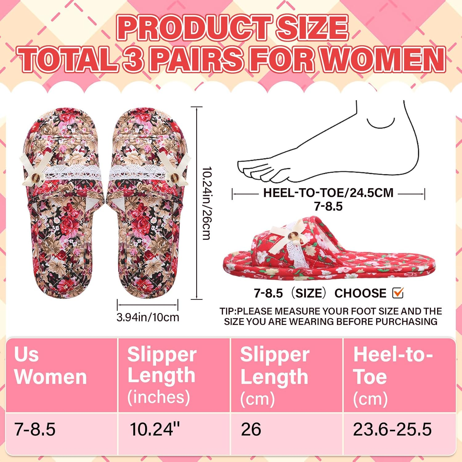 Chicingyou 3 Pairs Floral Cotton House Slippers for Guest Women Washable Indoor Cotton Slippers Open Toe for Hotel Travel Airplane Spa image number 3