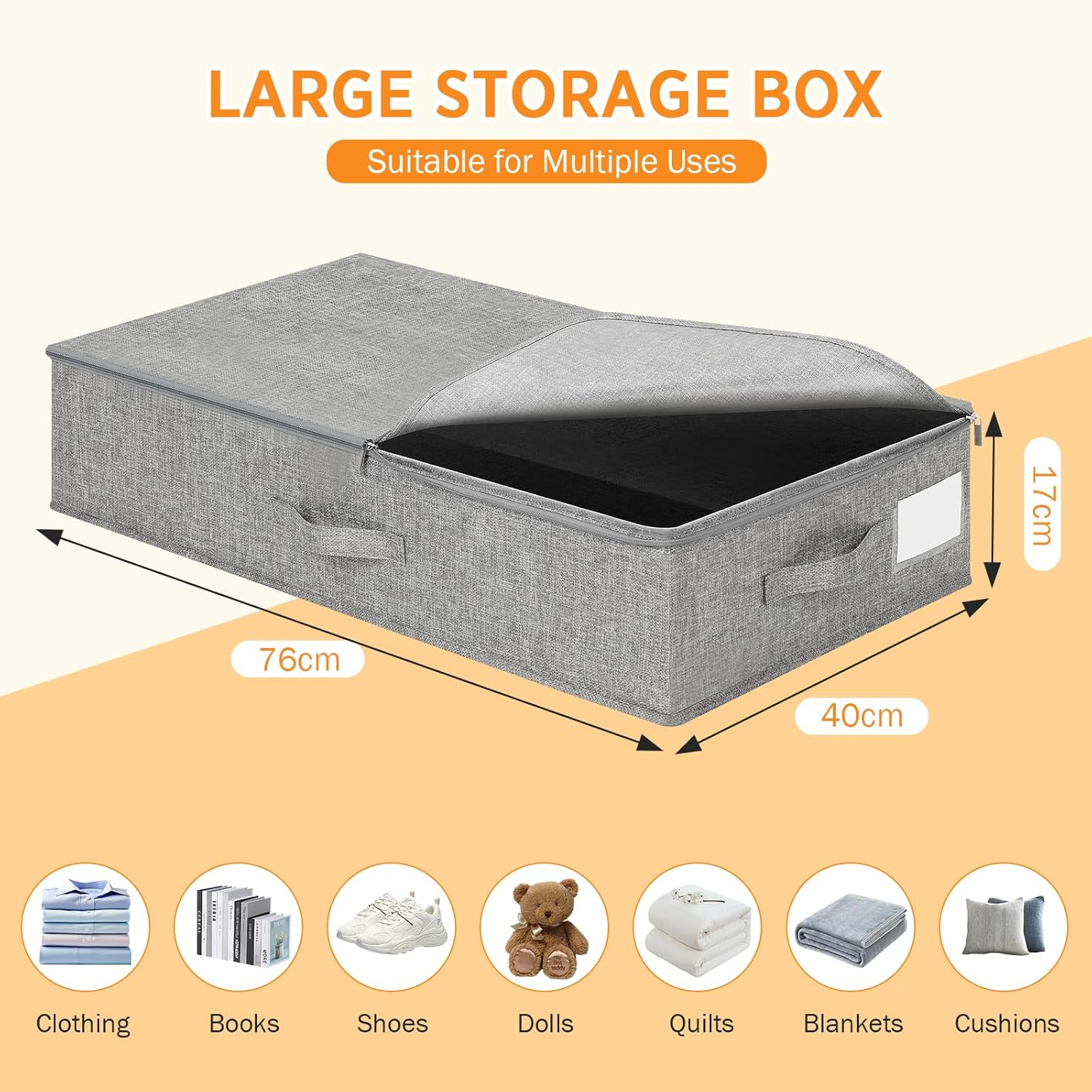 Romon Storage Box with Lid, Pack of 2, 50 L Underbed Storage and Organisation, Made of Reinforced Linen for Dresses and Bedding, Foldable Large Underbed Storage with Label Compartment, Grey image number 3