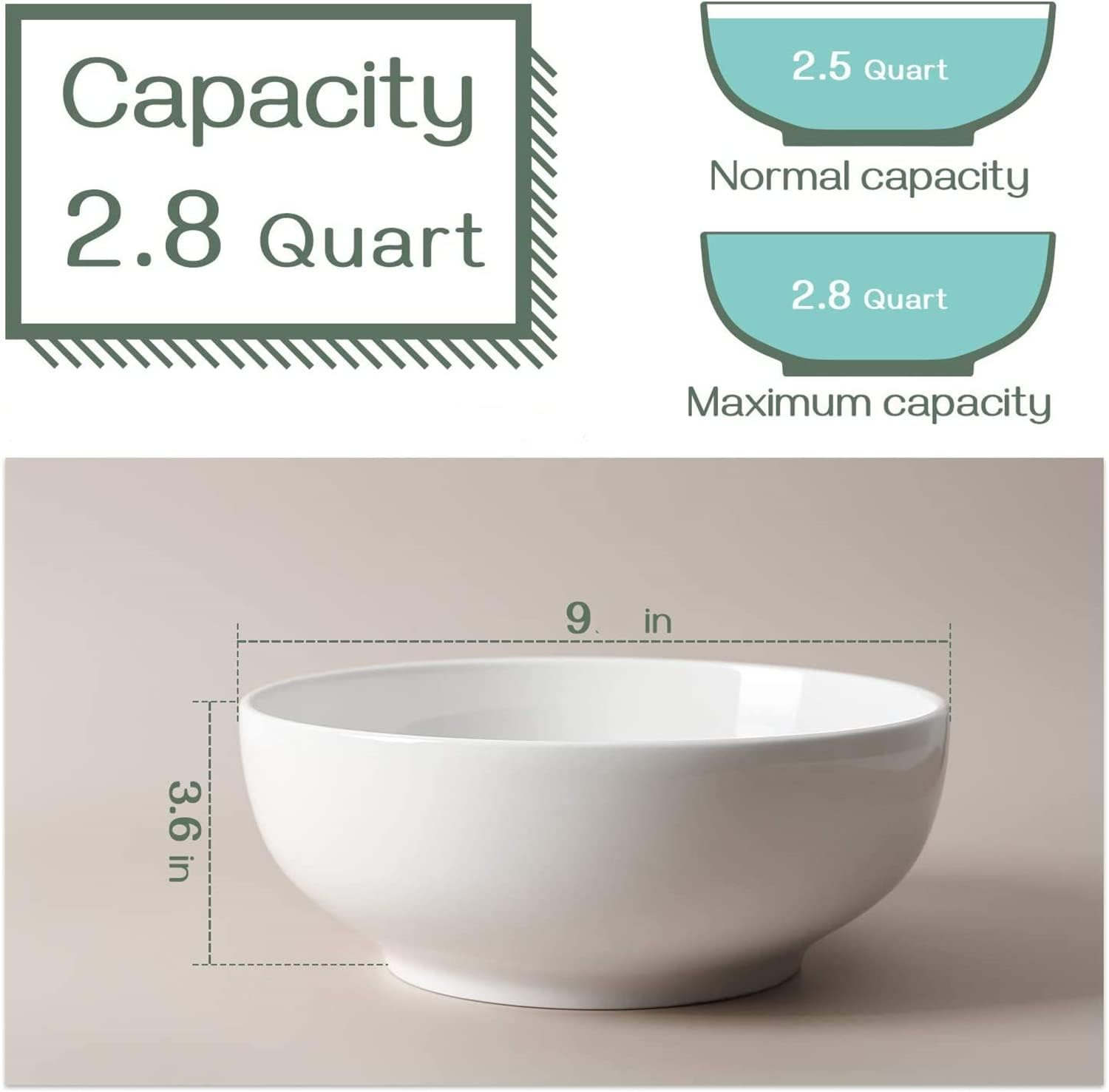 HUIRUMM Large Serving Bowls Set,9" White Serving Bowls, Set of 2 Large Salad Bowls,Ceramic Pho Bowls for Kitchen,Side Dishes, Pasta, Dinner Parties, Kitchen Decor, Microwave & Dishwasher Safe image number 3