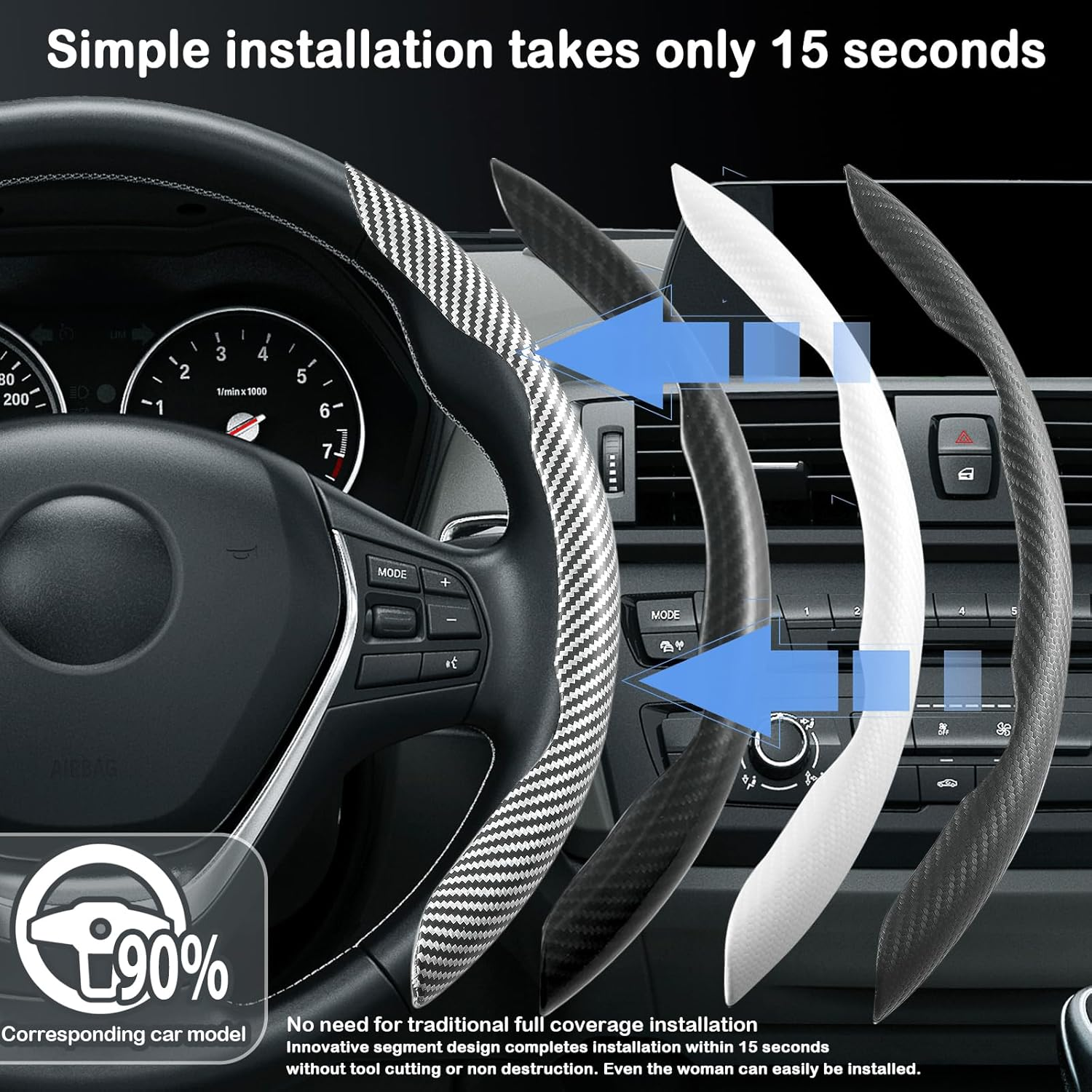 Carbon Fiber Steering Wheel Cover, Snap on Car Steering Wheel Cover Set Accessories Wrap Grip Non Slip Protector Universal (Laser Carbon Silver) image number 5