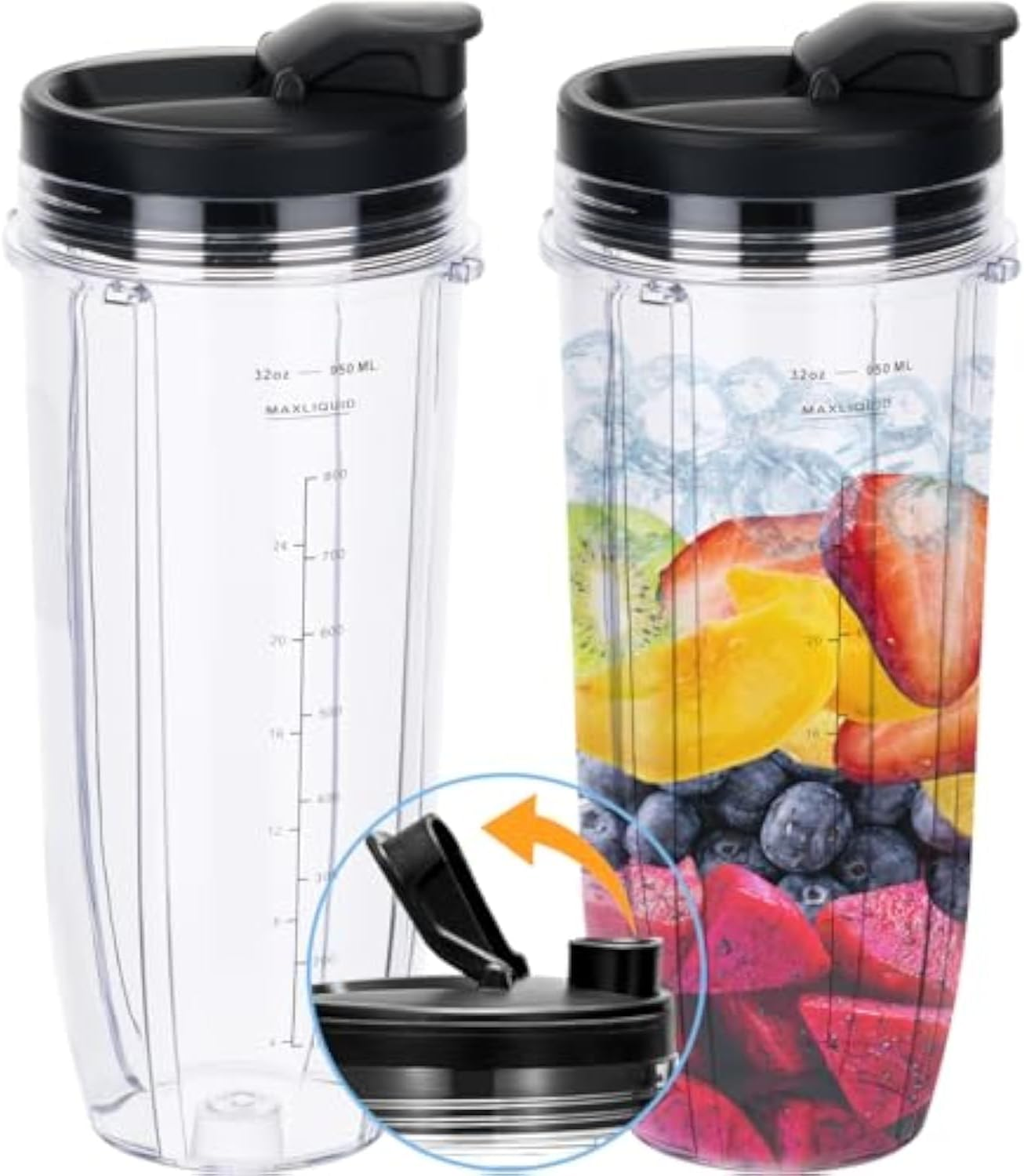Replacement Blender Cup 32Oz with Sip & Seal Lid for Nutri Ninja BL450 BL456 BL480 BL482 BL640 BL642 BL682 BN401 BN751 BN801 Foodi SS101 SS151 SS351 SS401 SS400 Ninja Auto IQ Blade, 2-Pack (32OZ) image number 3