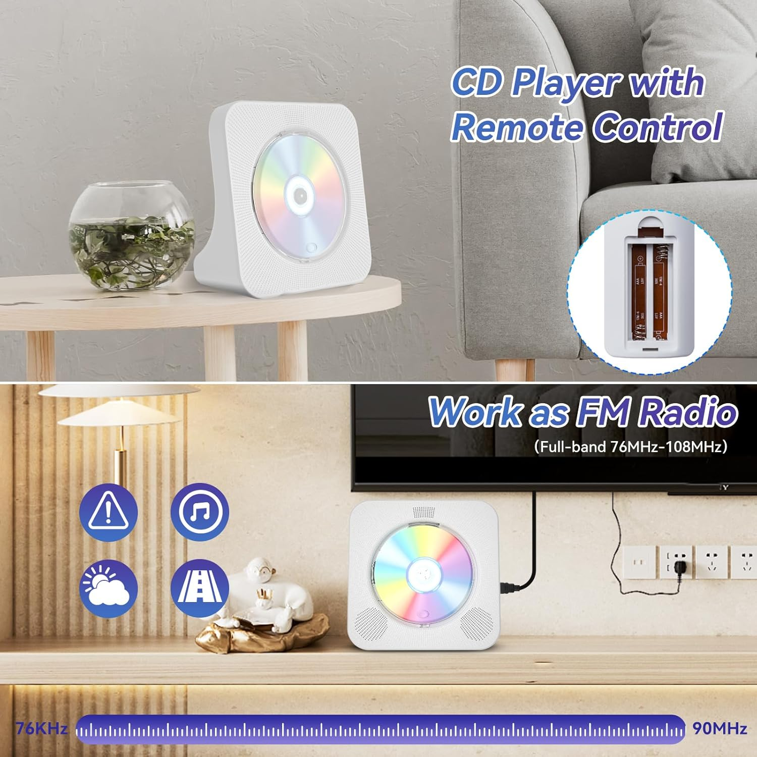 Qoosea DVD Player for TV with Bluetooth, HDMI and All Region Free Desktop DVD CD Player with Speakers Display Alarm Clock FM Radio USB Card Playback Include Remote Control, HDMI Cable(White) image number 6