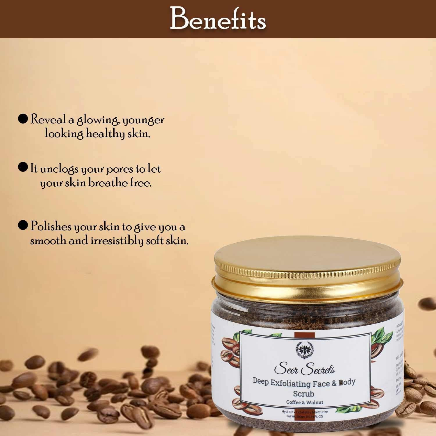 Seer Secrets Deep Exfoliating Body & Face Scrub, Coffee & Walnut Scrub, All Skin, 200 Gm image number 2