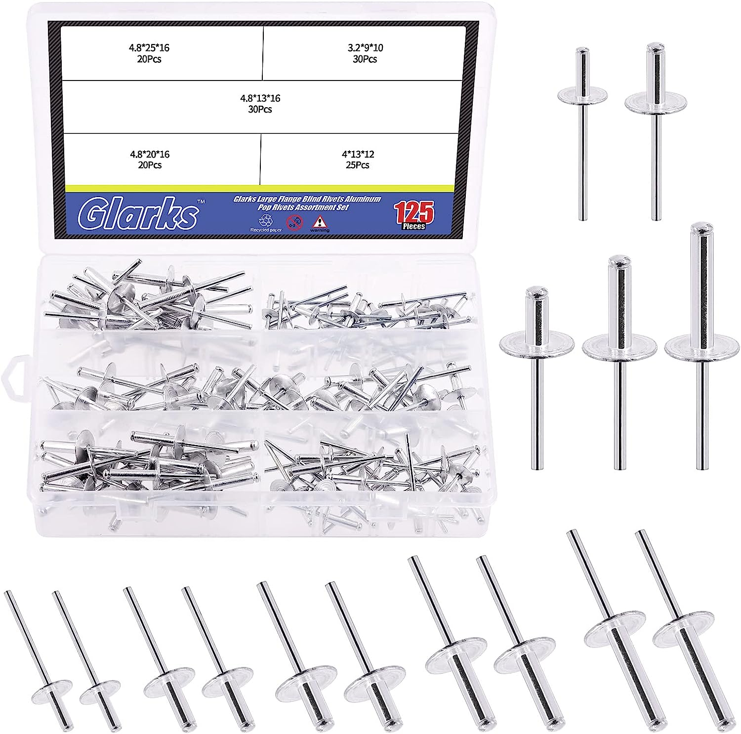 Glarks 125Pcs 5 Sizes Large Flange Aluminum Blind Rivets Pop Rivets Assortment Set for Joining Metal Plate Pipe Automotive image number 1
