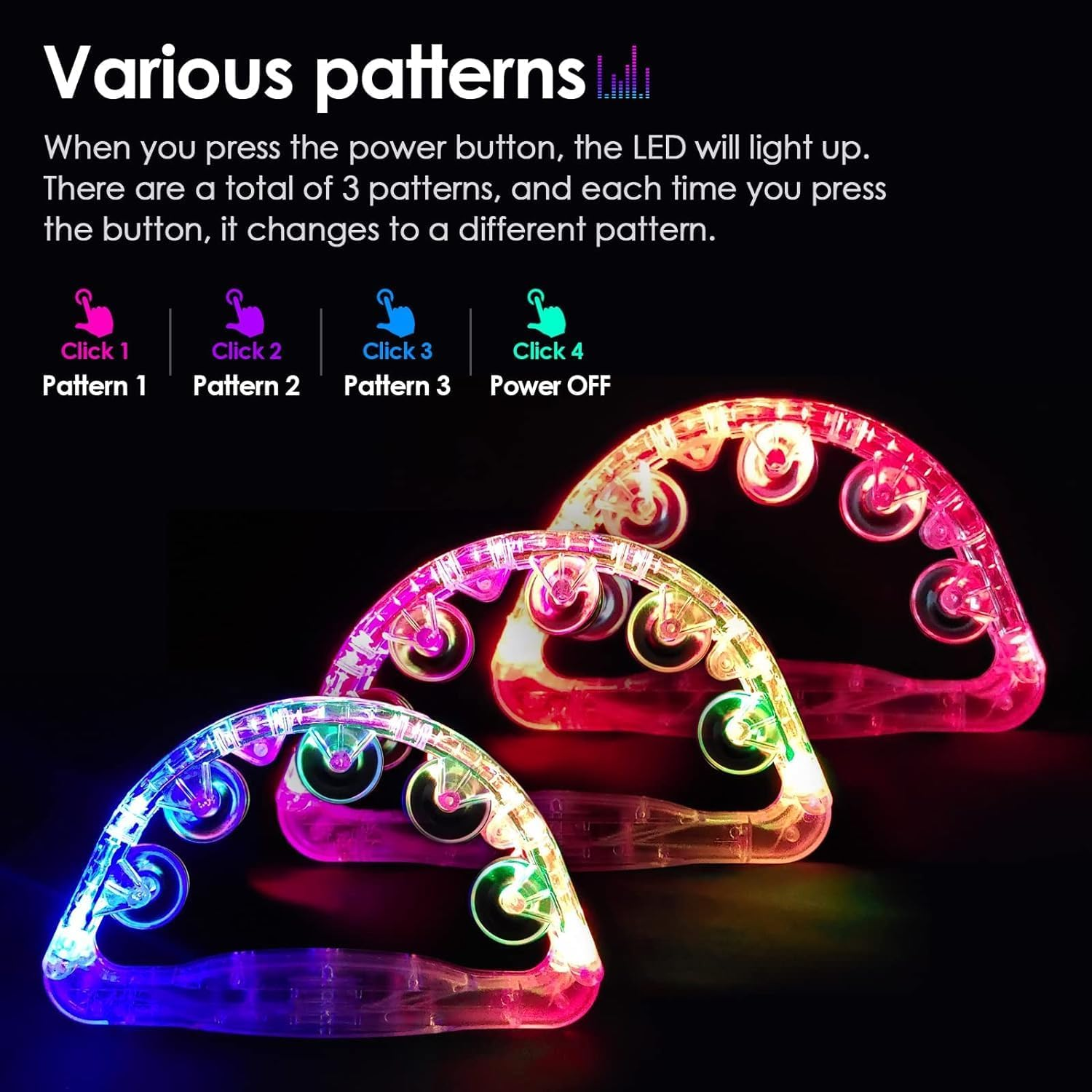 LED Tambourine - Flashing Handheld Percussion Instruments for Adults - Light up Tambourine with Batteries Included