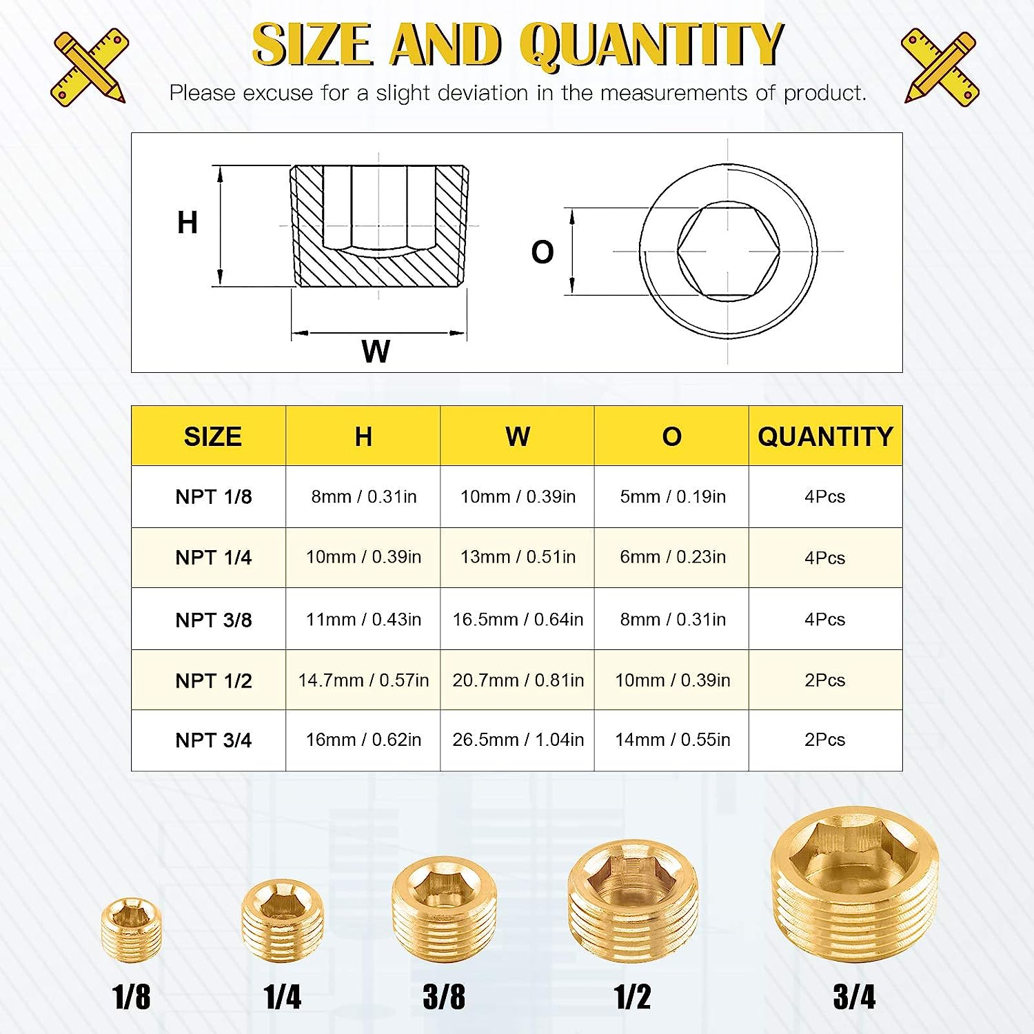 16Pcs 5 Sizes Brass NPT Plug Assortment Kit, 1/8" 1/4" 3/8" 1/2" 3/4" Internal Hex Counter Sunk Pipe Fitting Male Thread Pipe Plug Set image number 3